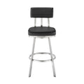 Col 26 Inch Swivel Counter Stool, Black Faux Leather, Stainless Steel Frame Black Silver Steel