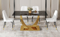 Table And Chair Set.Modern Rectangular Dining Table With Black Textured Stickers Glass Tabletop And Gold Plated Metal Legs.Paried With 4 Comfortable Chairs With Pu Seats And Black Metal Legs. Black Gold,White Seats 4 Glass Metal