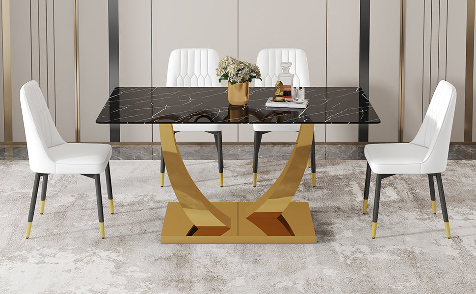 Table And Chair Set.Modern Rectangular Dining Table With Black Textured Stickers Glass Tabletop And Gold Plated Metal Legs.Paried With 4 Comfortable Chairs With Pu Seats And Black Metal Legs. Black Gold,White Seats 4 Glass Metal