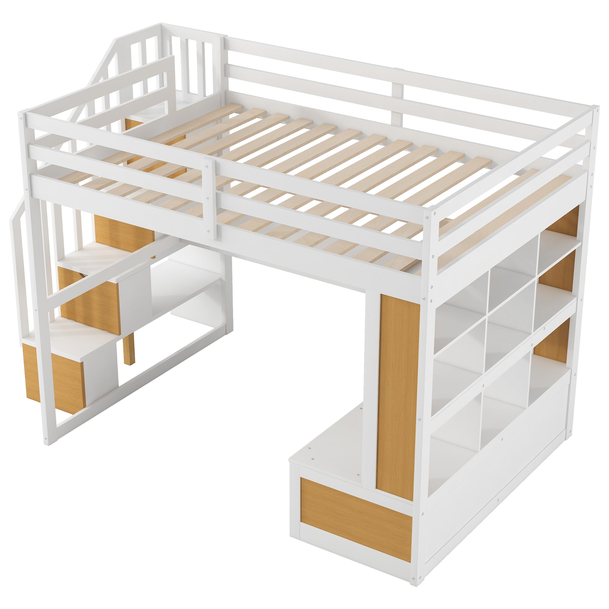 Full Size Loft Bed With Desk And Shelves, Two Built In Drawers, Storage Staircase, White And Natural Full Natural White Plywood,Solid Wood Mdf