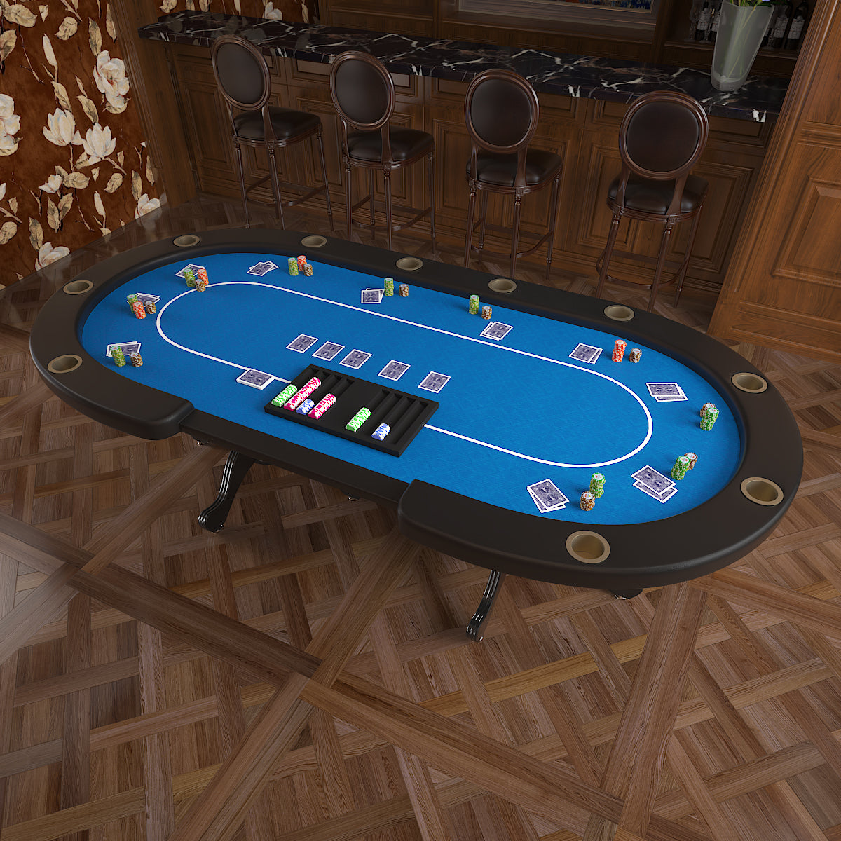 96" Oval Aura Poker Table For 10 Players Texas Holdem Poker Card With Bet Line Felt Surface Jumbo Cup Holders Blue Blue Primary Living Space Modern Wood