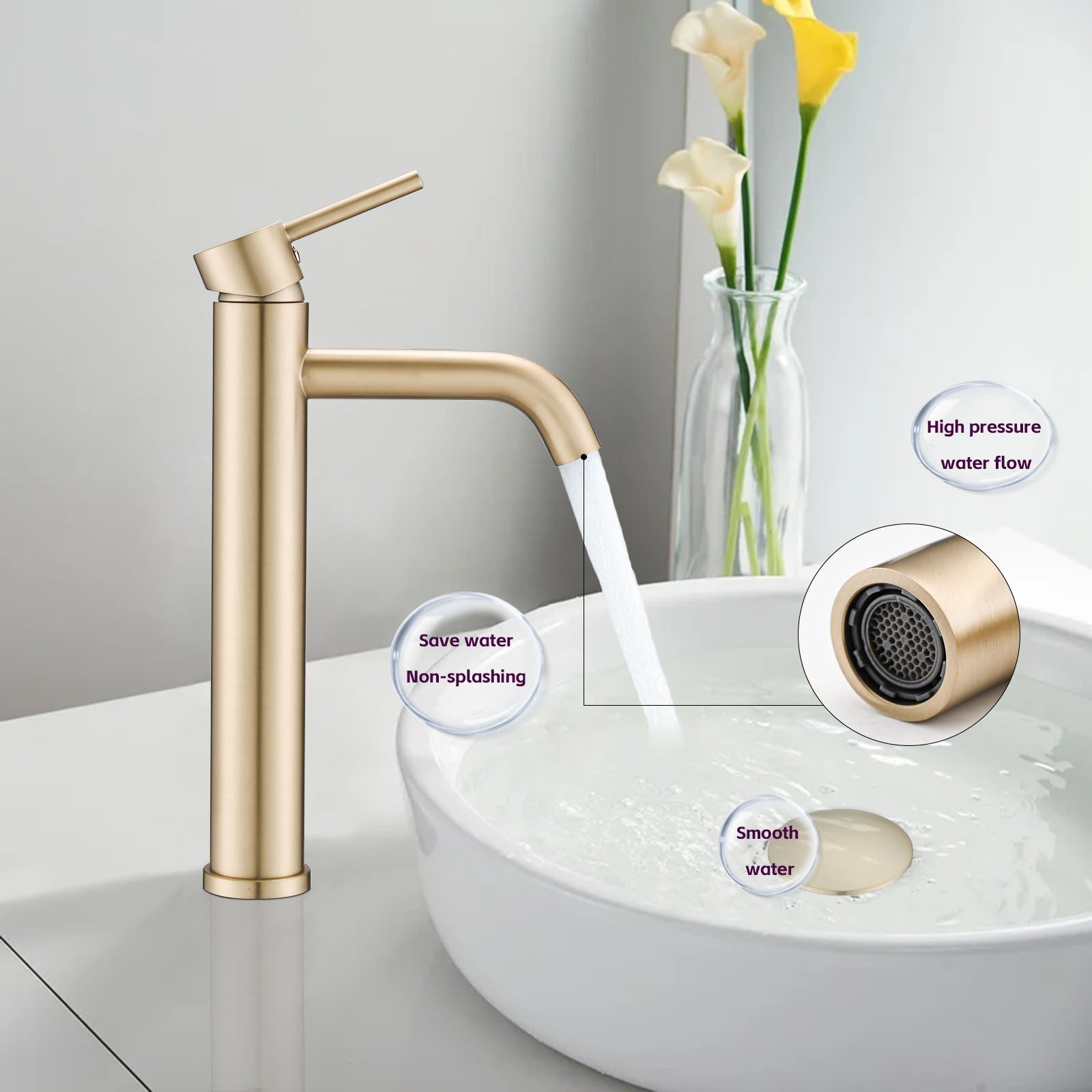 Bathroom Modern Tall Faucets Single Handle One Hole Lavatory Bathroom Sink Faucet Brushed Gold Cartridge Valve Bathroom 1 Hole Faucets Stainless Steel