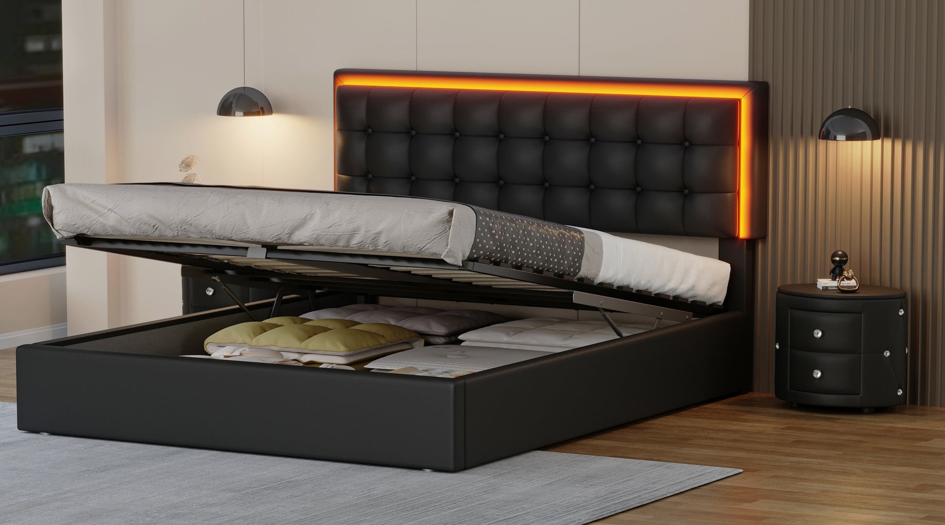 3 Pieces Bedroom Sets,Queen Size Upholstered Bed With Led Lights,Hydraulic Storage System, Two Nightstands With Crystal Decoration,Black Queen Black 3 Piece Set Wood