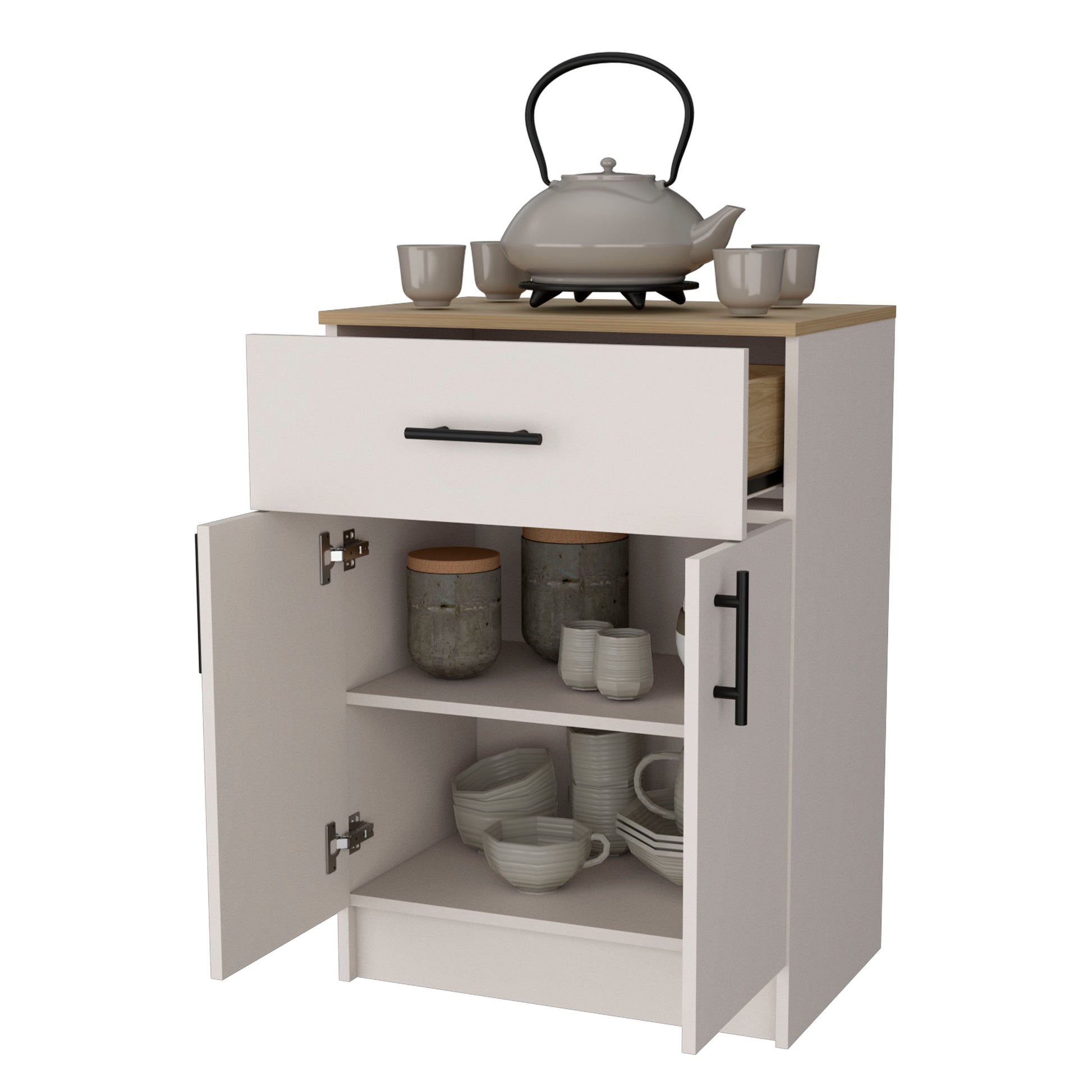 Cope Kitchen Pantry In Melamine With 2 Doors And 1 Drawer, Ivory Natural Oak Multicolor Kitchen Contemporary,Modern Particle Board Shelves Included Melamine