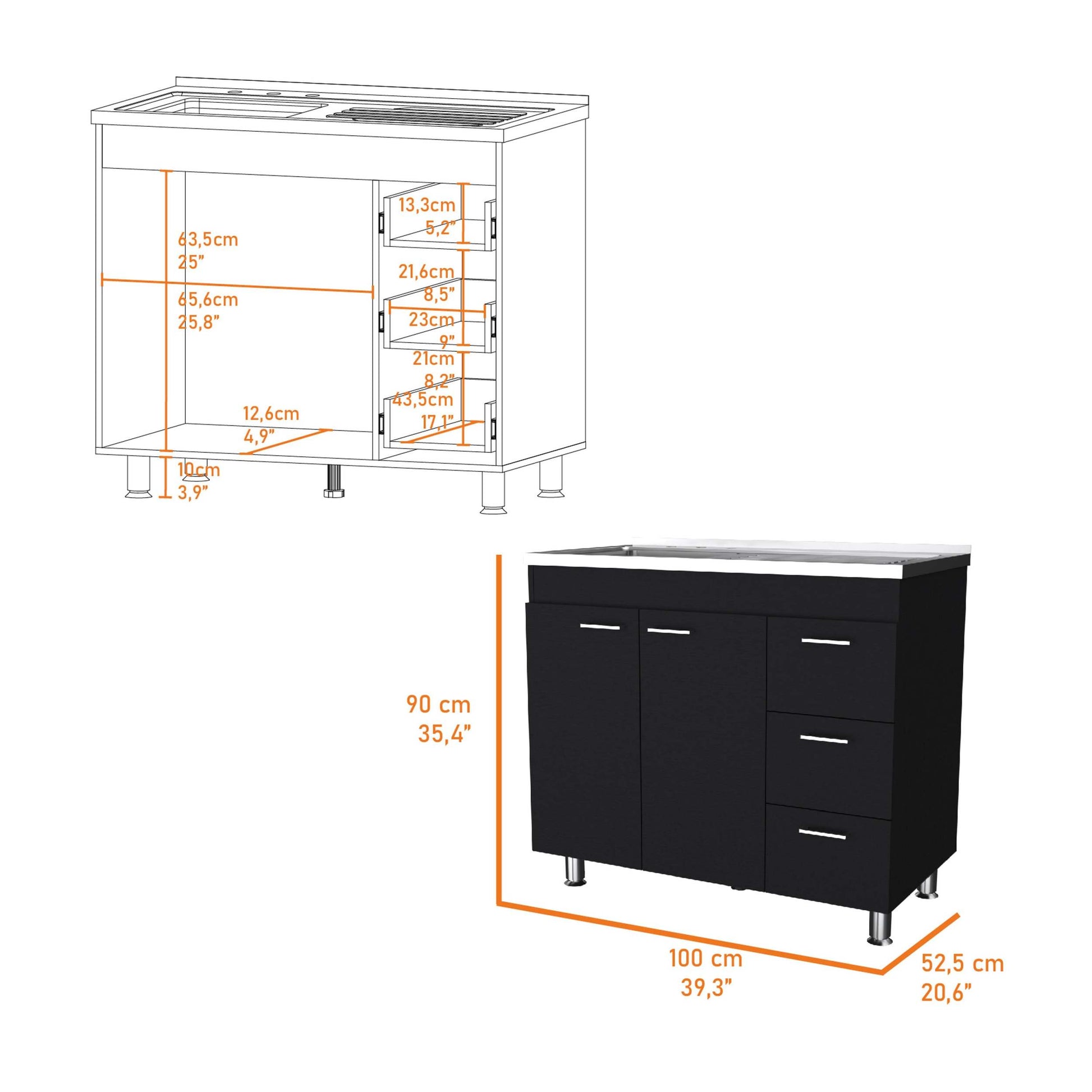 Black 2 Door 3 Drawer Kitchen Cabinet Freestanding 3 4 Drawers Black Primary Living Space Melamine