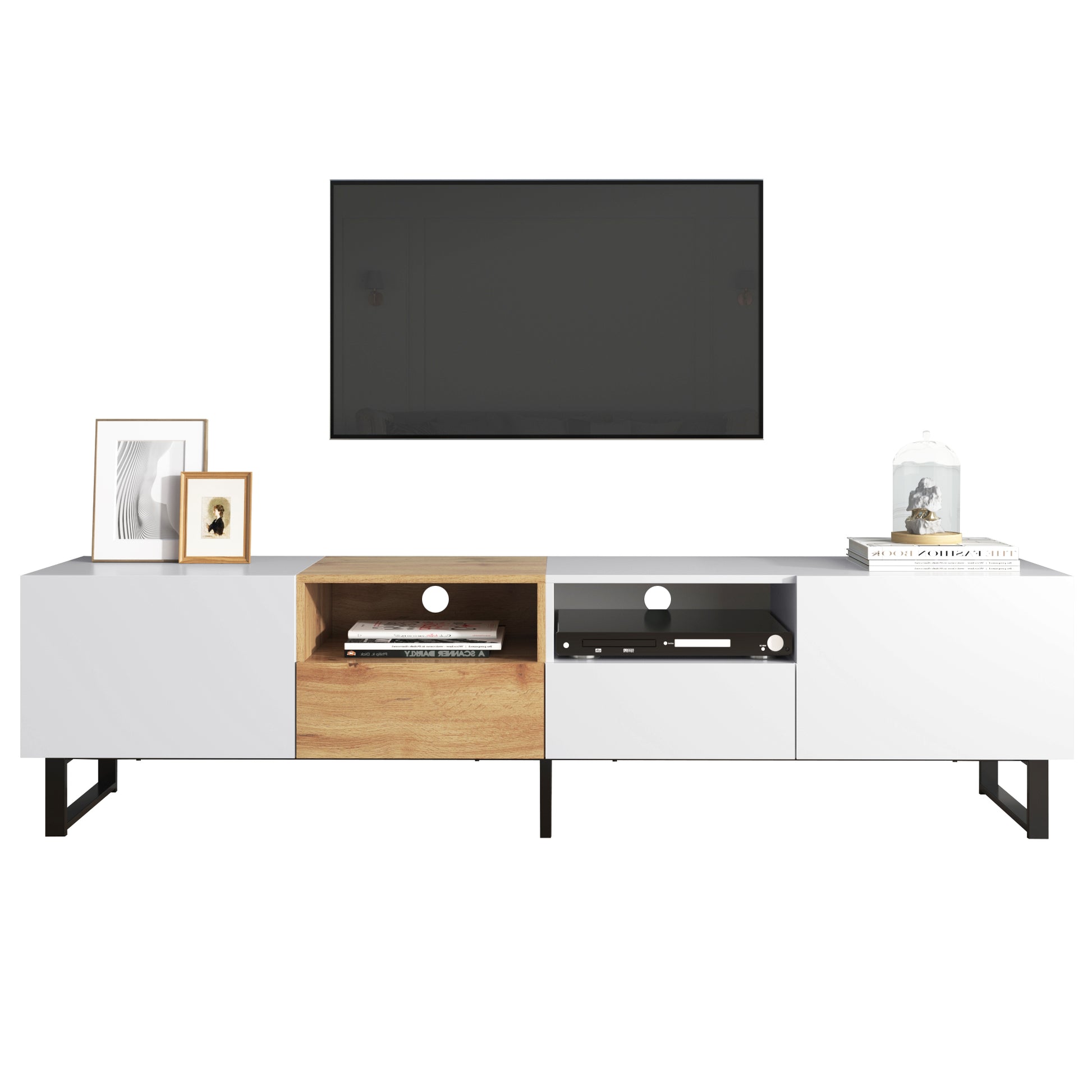 Modern Tv With 2 Cabinets& Open Storage Compartment, Color Matching Media Console Table For Tvs Up To 85'', Entertainment Center With Drop Down Door For Living Room, Bedroom, Home Theatre Wood Brown Primary Living Space 70 79 Inches 90 Inches Or Larger