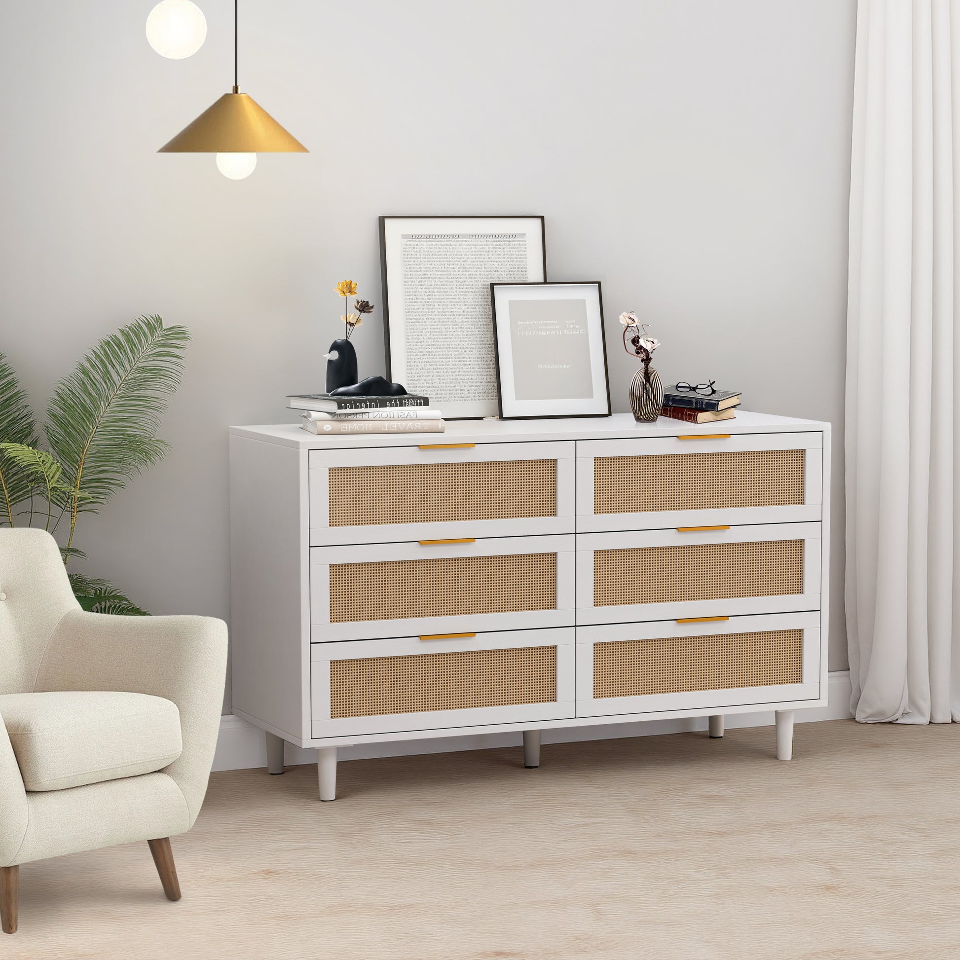 51.18"6 Drawers Rattan Storage Cabinet Rattan Drawer,For Bedroom,Living Room,White Same Sku:W757P174986 White Mdf