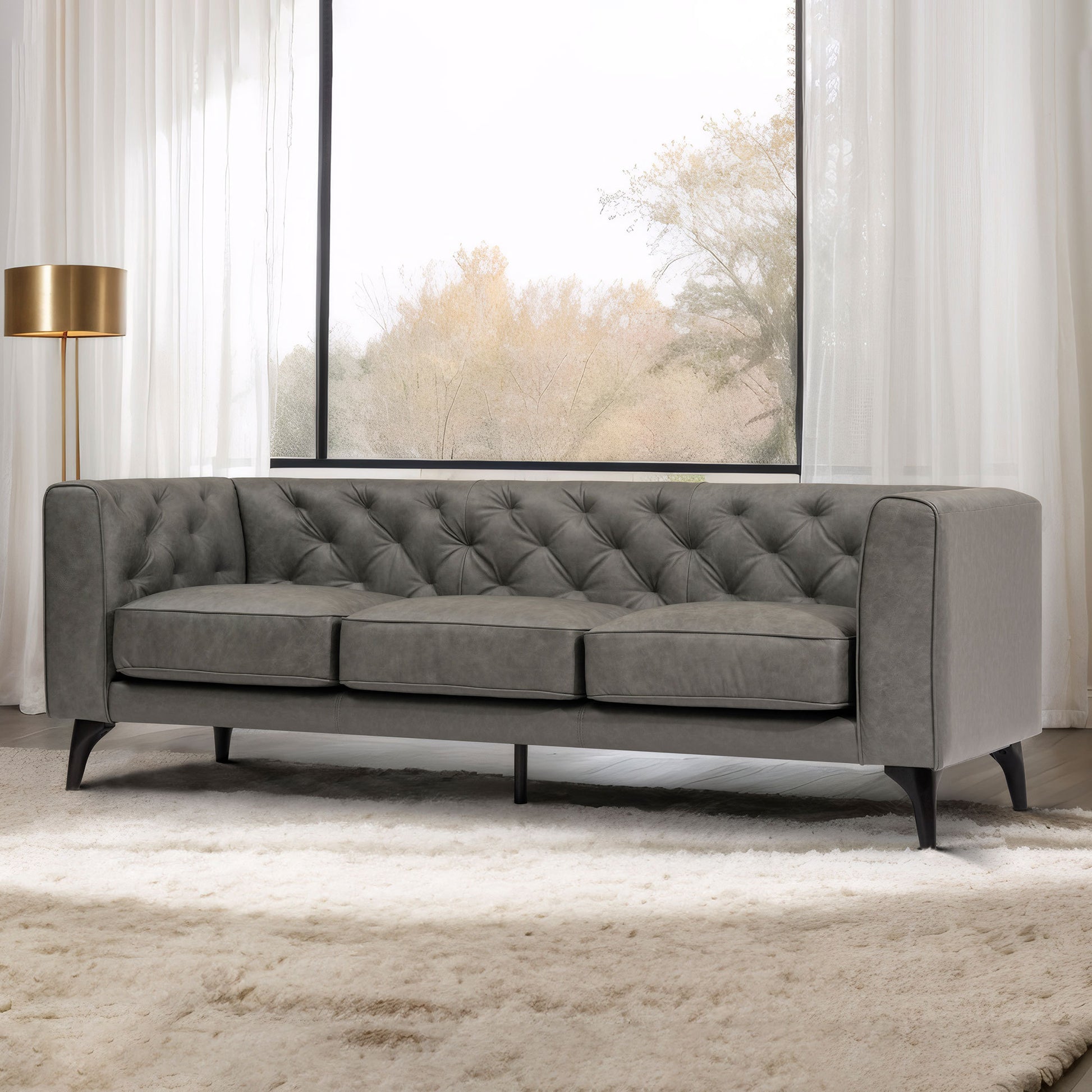 92.52 Inch Genuine Leather Couch 3 Seater Sofa With Tufted Back,Grain Leather Couch With Feather,Down Topper On Seating Surfaces Sofa For Living Room, Comfy Sofa Couch With Extra Deep Seats,Graphite Natural Graphite Genuine Leather 3 Seat