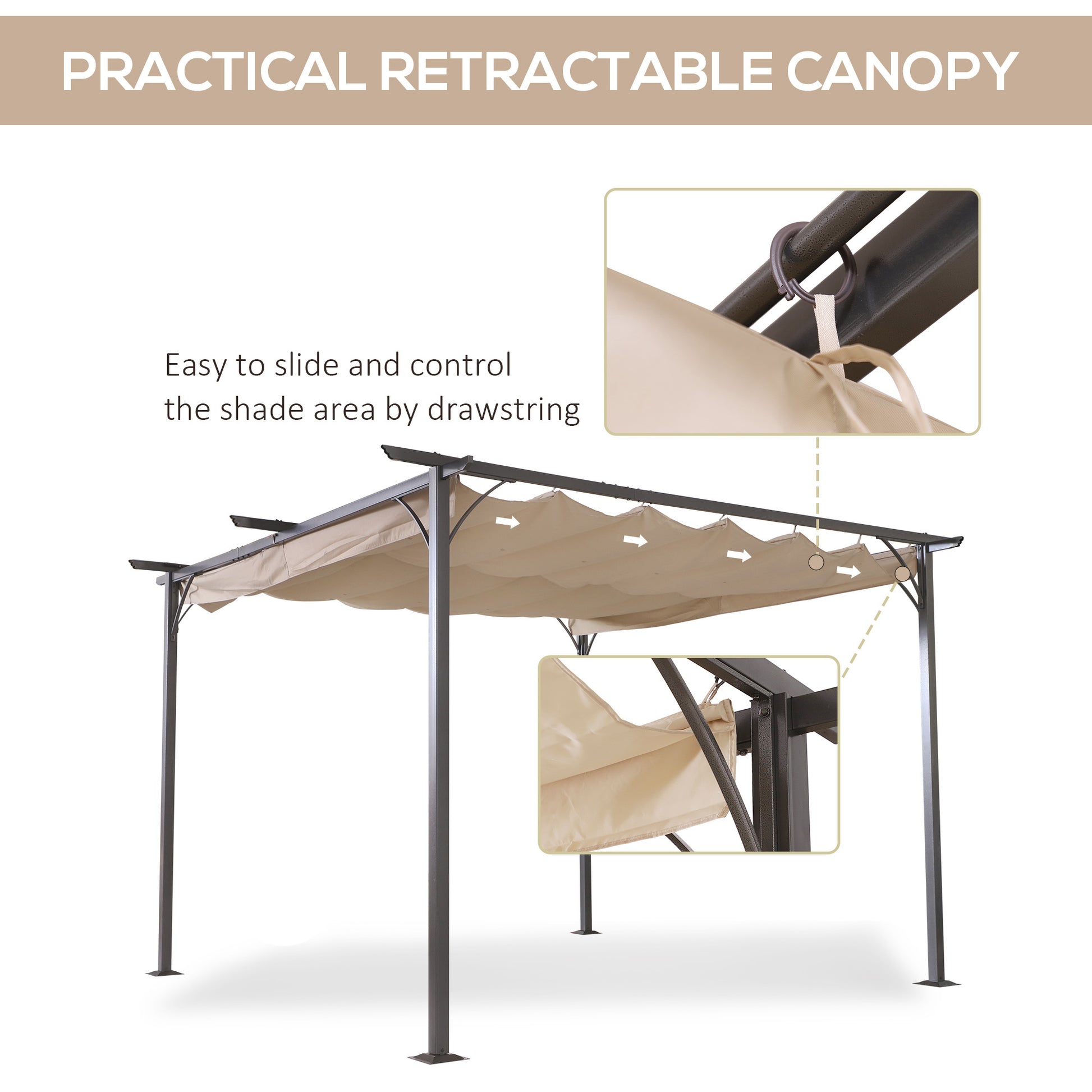 Outsunny 11.5' X 11.5' Outdoor Retractable Pergola Canopy, Metal Patio Shade Shelter For Backyard, Porch Party, Garden, Grill Gazebo, Beige Beige Steel