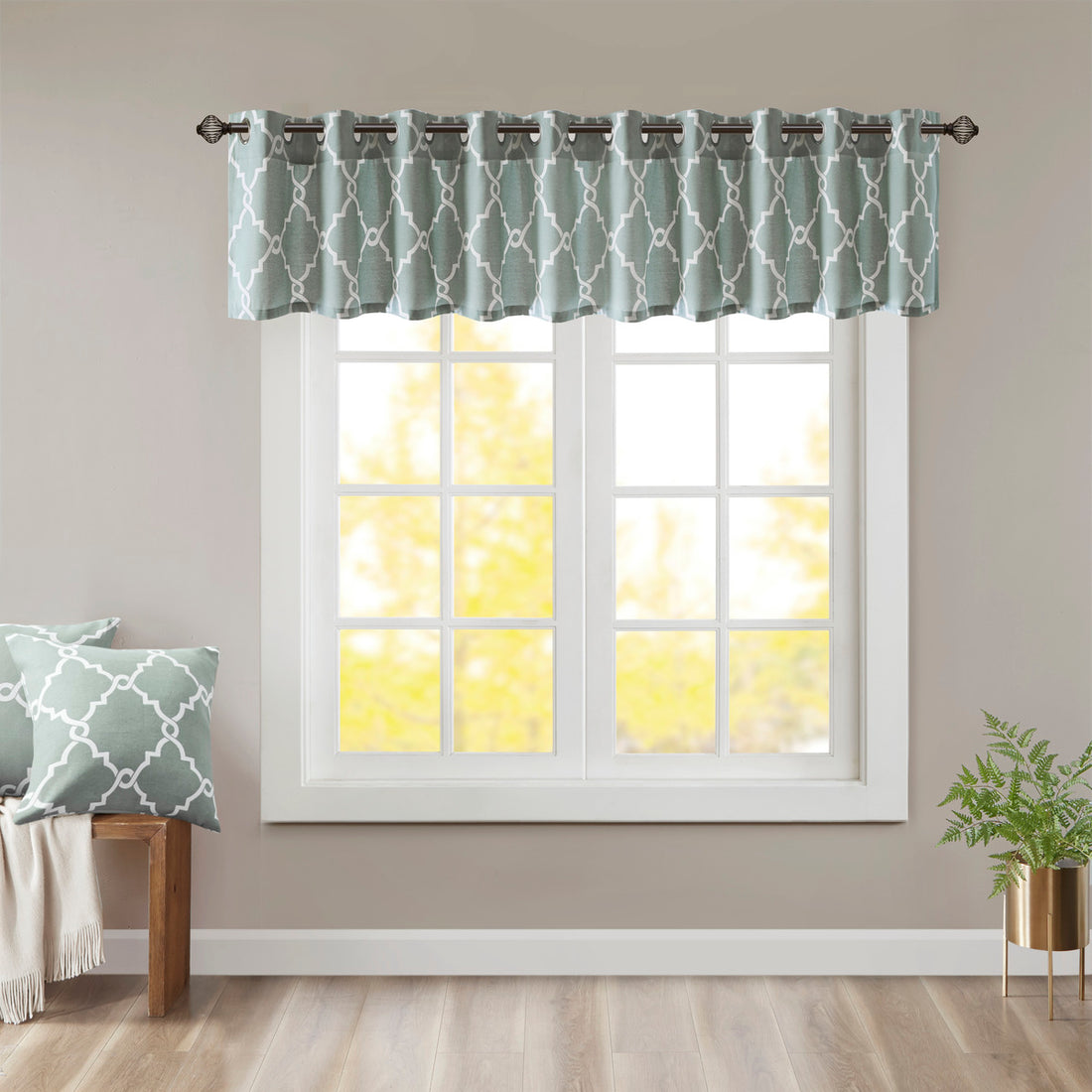 Fretwork Print Grommet Top Window Valance Seafoam White 50X18" Seafoam White Polyester