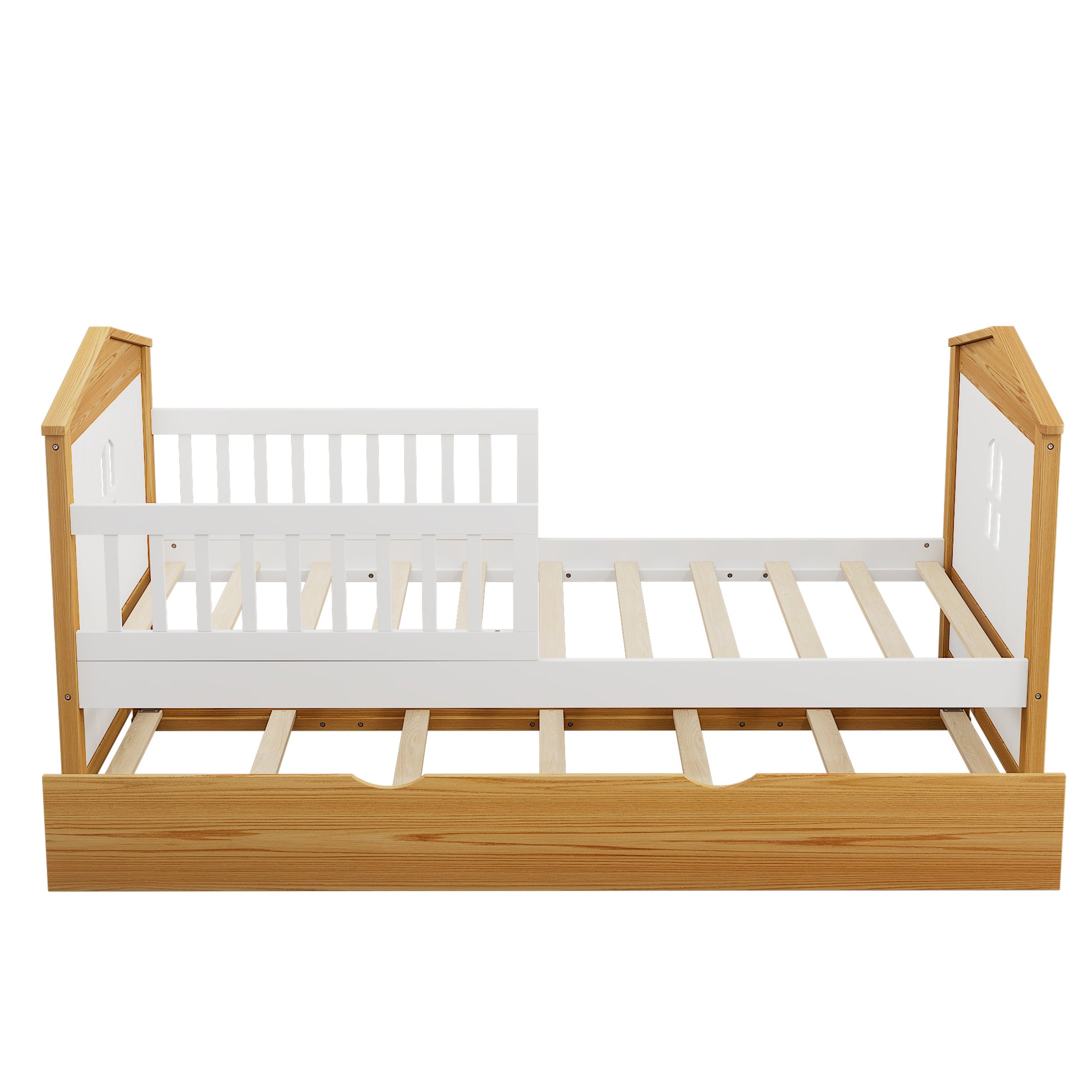 Twin Size House Shape Bed With Trundle Wooden Bed For Girls Boys Teens, No Box Spring Needed, Walnut And White Box Spring Not Required Twin White Walnut Wood Bedroom Cute Pine Bed Frame Wood