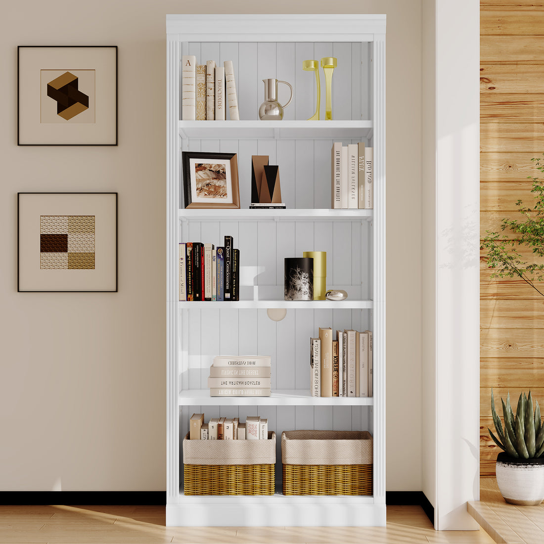 83.4" Tall Wood Bookcase,5 Tier Home Decor Bookshelves With Adjustable Storage Shelves,Storage Organizer For Cds Books Movies,Free Standing Storage Shelves For Living Room,Home Office,White White Solid Wood Mdf