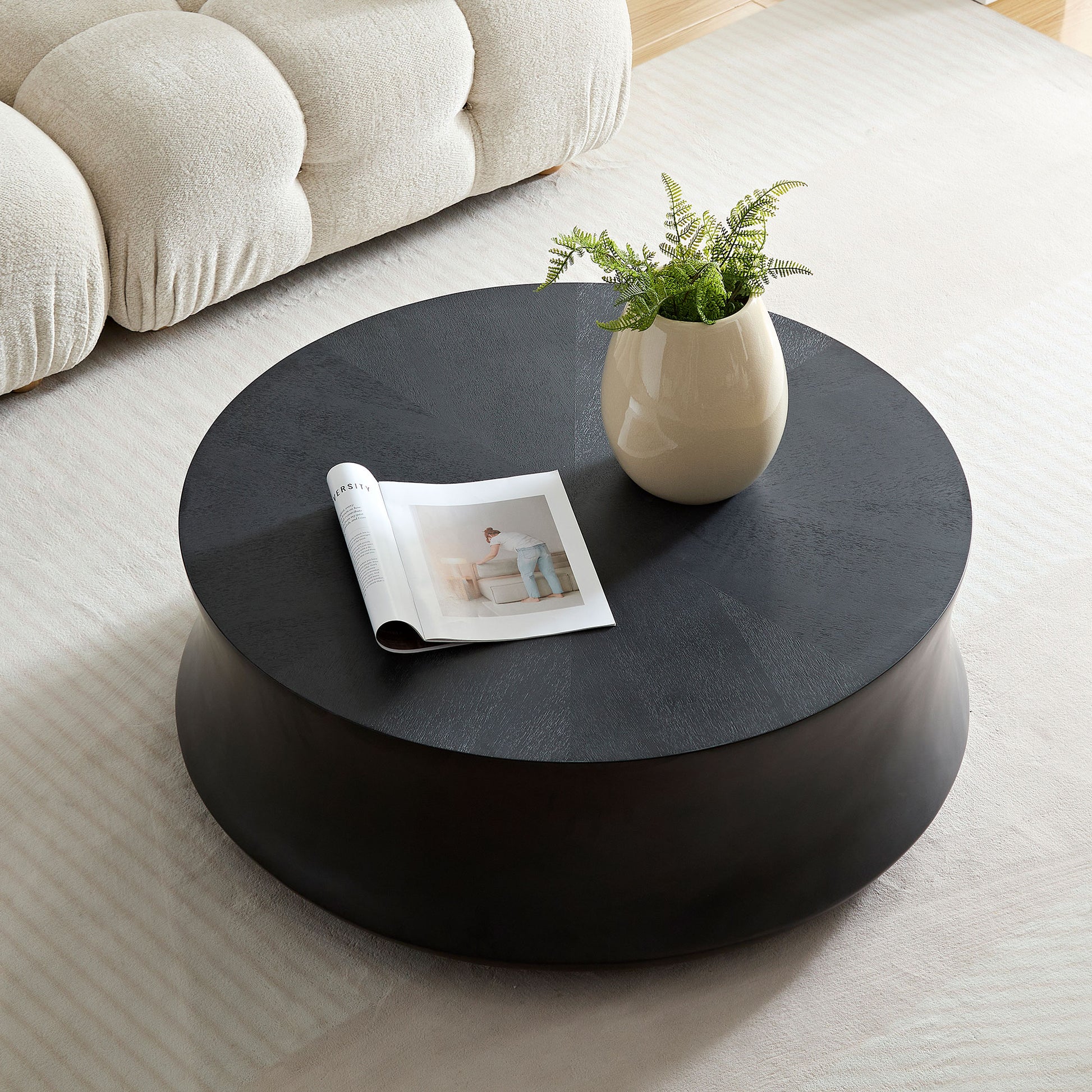 35.43''Fiberglass Round Center Coffee Table For Living Room Vintage Table,Matte Black Table Front Of The Sofa,Modern Handcraft Drum Coffee Table For Office,Apartment,No Need Assembly Black