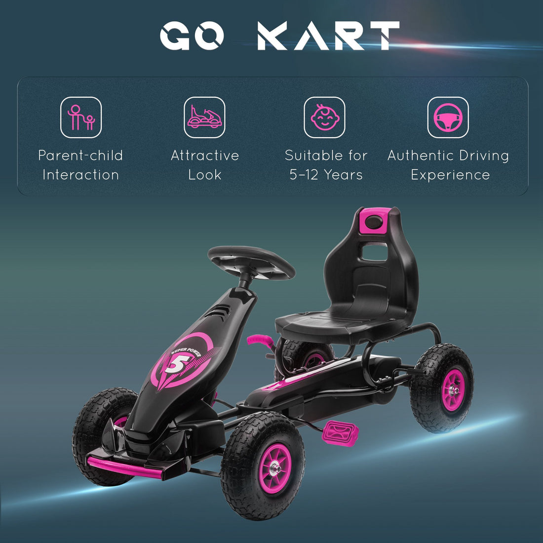 Aosom Kids Pedal Go Kart Ride On Toy With Ergonomic Comfort, Pedal Car With Tough, Wear Resistant Tread, Go Cart Kids Car For Boys & Girls With Suspension System, Safety Hand Brake, Ages 5 12, Pink Pink Plastic