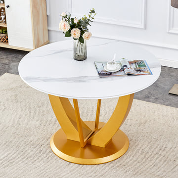 A Modern Minimalist Round White Patterned Table Top Measuring 48 Inches In Diameter With Gold Mdf Legs. Suitable For Dining And Living Rooms. Gold White Sintered Stone