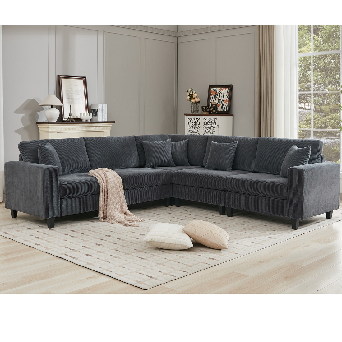 Packaging Upgrade Oversized Modular Sectional Sofa Set, L Shaped Couch,Corduroy ,Upholstered,Deep Seat,5 Seat,5 Throw Pillow And 6 Back Cushion,Living Room, Apartmentgray Gray Polyester Wood Primary