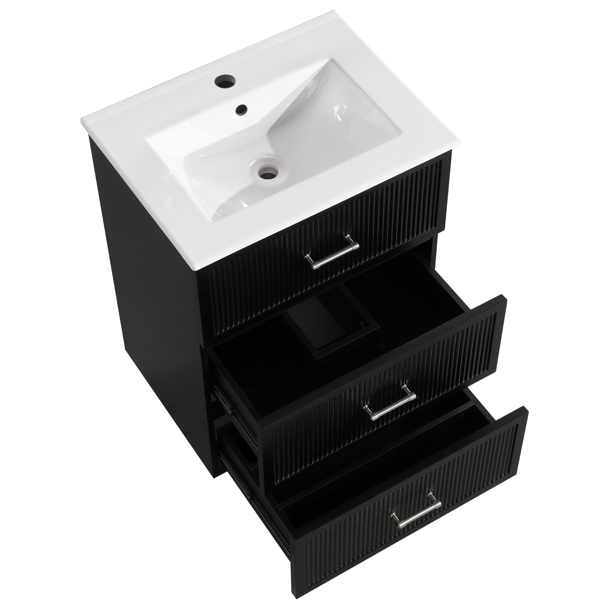 24 Inch Bathroom Vanity With Ceramic Sink Set, Modern Freestanding Bathroom Storage Cabinet With 2 Drawers, Floor Standing Bath Vanity Combo, Black Black Mdf