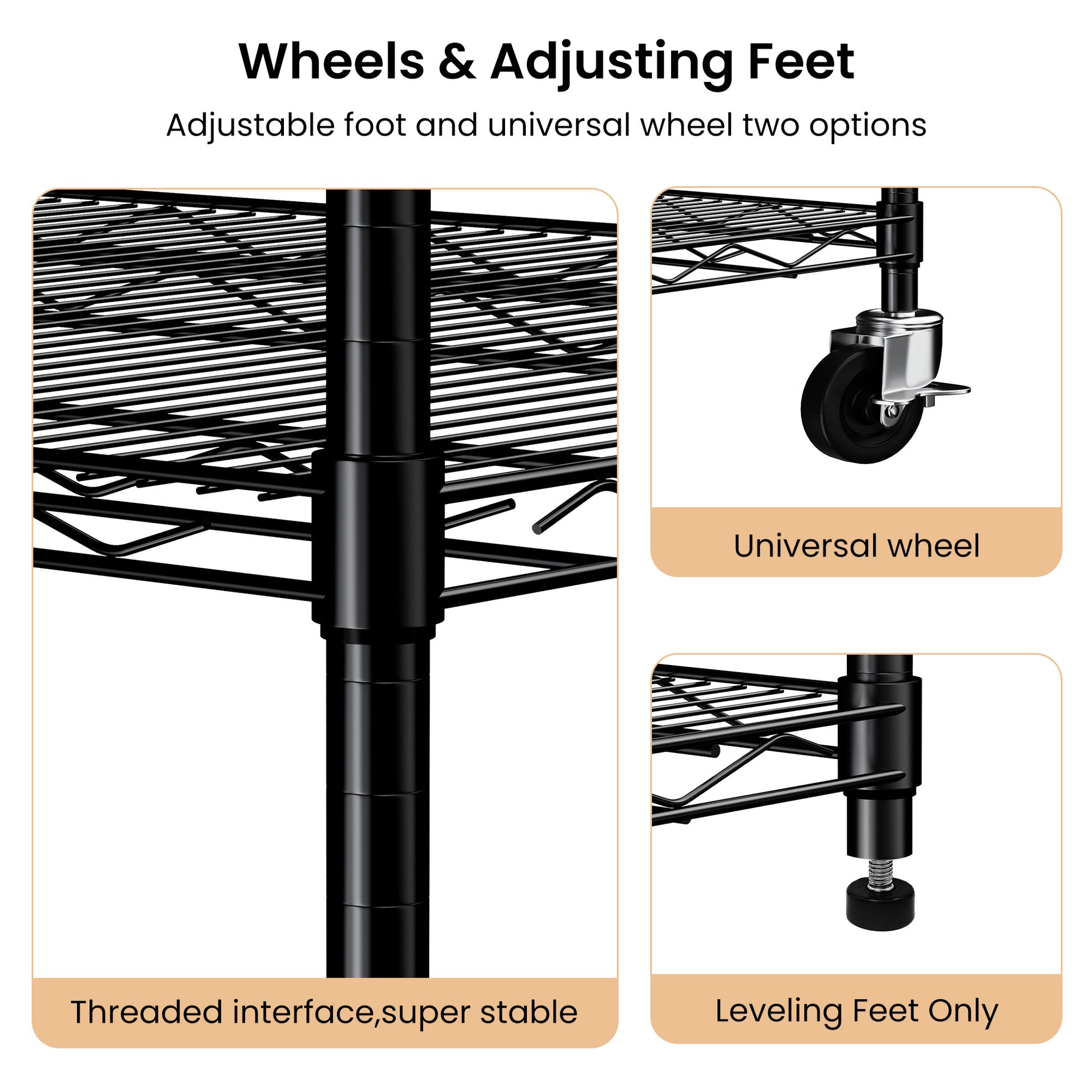 Warehouse, Supermarket,Kitchen,And Other 5 Layer Heavy Duty Adjustable Shelves With Wheels And Adjustable Feet,Each Metal Frame Bearing 300 Pounds. 59.45 "L 24.02 "W 71.65 "H,Black. Black Steel