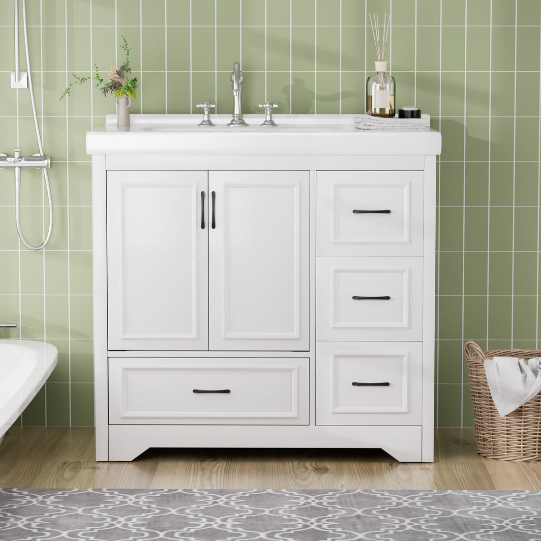 36'' Bathroom Vanities With Single Sink, Modern Under Mount Bathroom Sink Cabinet With 2 Closing Doors & 4 Drawers. White, 35.8''W X 19.7''D X 35.4''H. White Particle Board Mdf