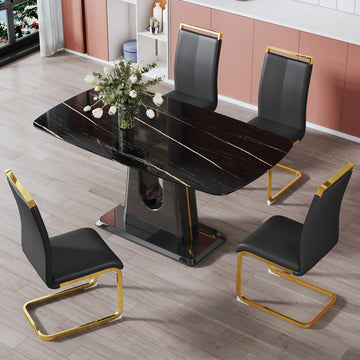 1 Table And 4 Chairs. Modern, Simple And Luxurious Black Imitation Marble Rectangular Dining Table And Desk With 4 Black Pu Gold Plated Leg Chairs 63'' X 35.4'' X 30'' Black Mdf