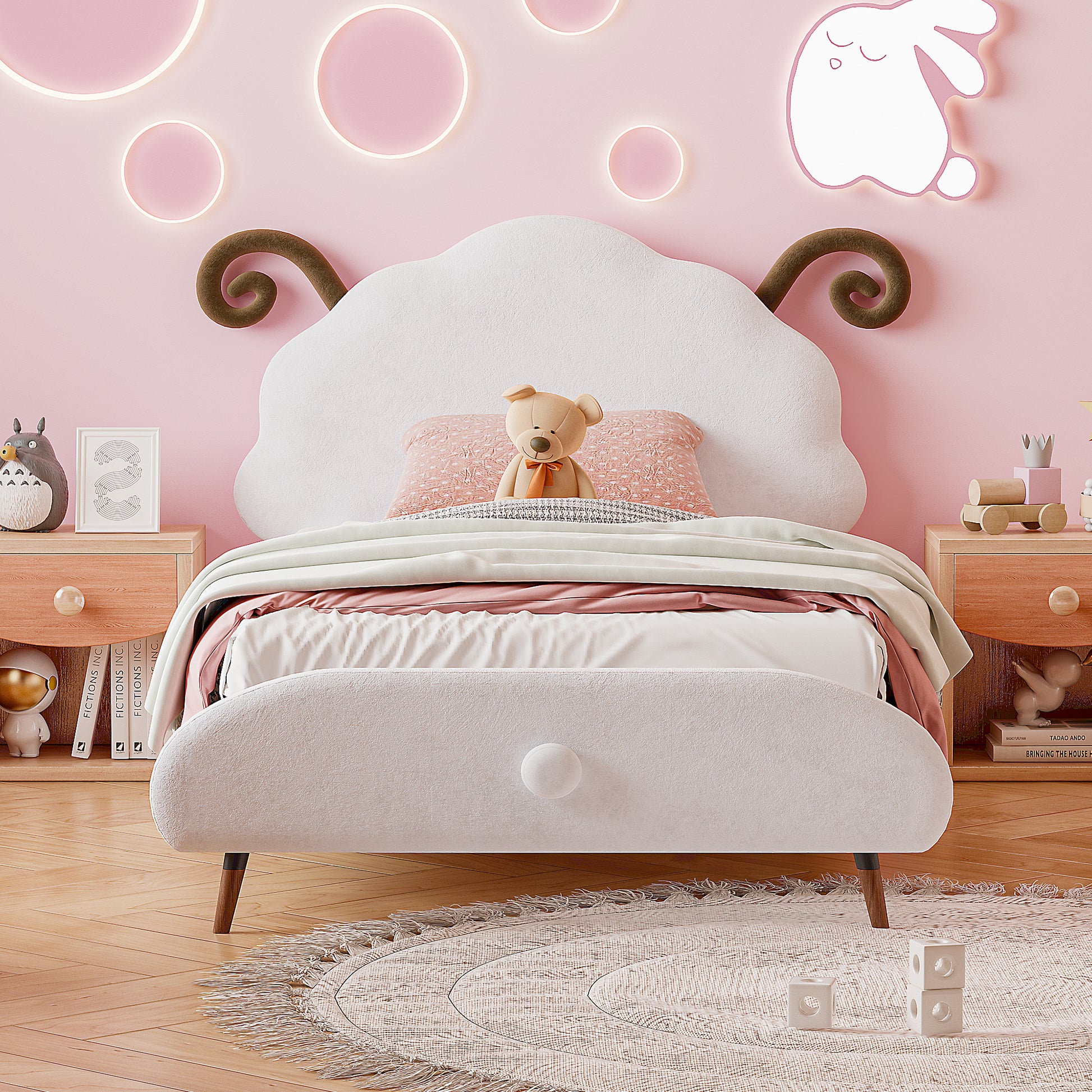 Twin Size Upholstered Platform Bed With Sheep Shaped Headboard, White Twin White Plywood