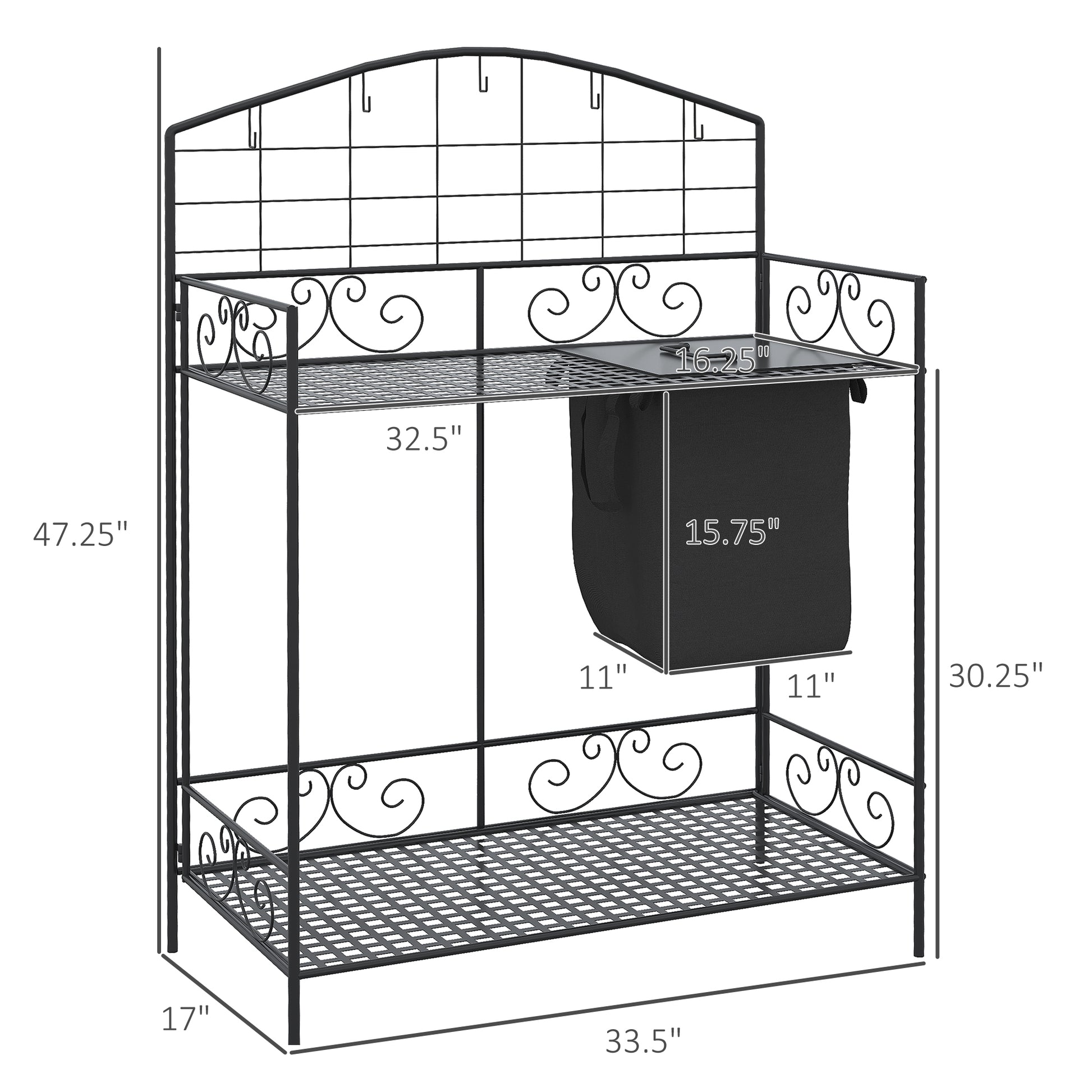 Outsunny Folding Potting Bench Table, Metal Garden Workstation, Work Bench With Large Build In Bag With Cover, 5 Hanging Hooks & Storage Shelf, Flourishes Black Metal