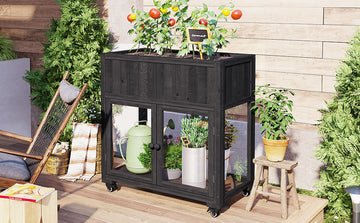 Patio 35.4''X17.7''X37.4'' Mini Wood Cold Frame, Compact 2 Doors Garden Greenhouse With Wheels, Raised Bed With Liner For Indoor Outdoor Use, Black Black Garden & Outdoor Casual Wood
