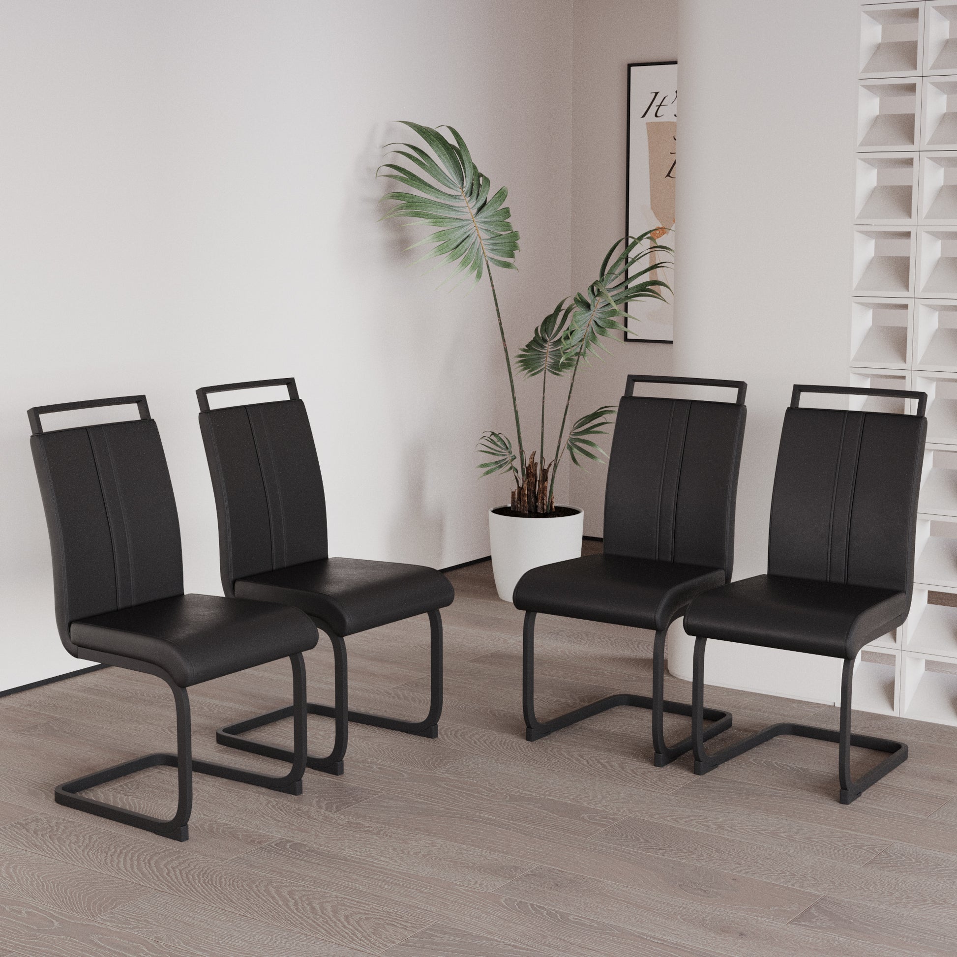 Modern Dining Chairs,Pu Faux Leather High Back Upholstered Side Chair With C Shaped Tube. Black Metal Legs For Dining Room Kitchen Vanity Patio Club Guest Office Chair Set Of 4 Black Pu Black Foam Pu