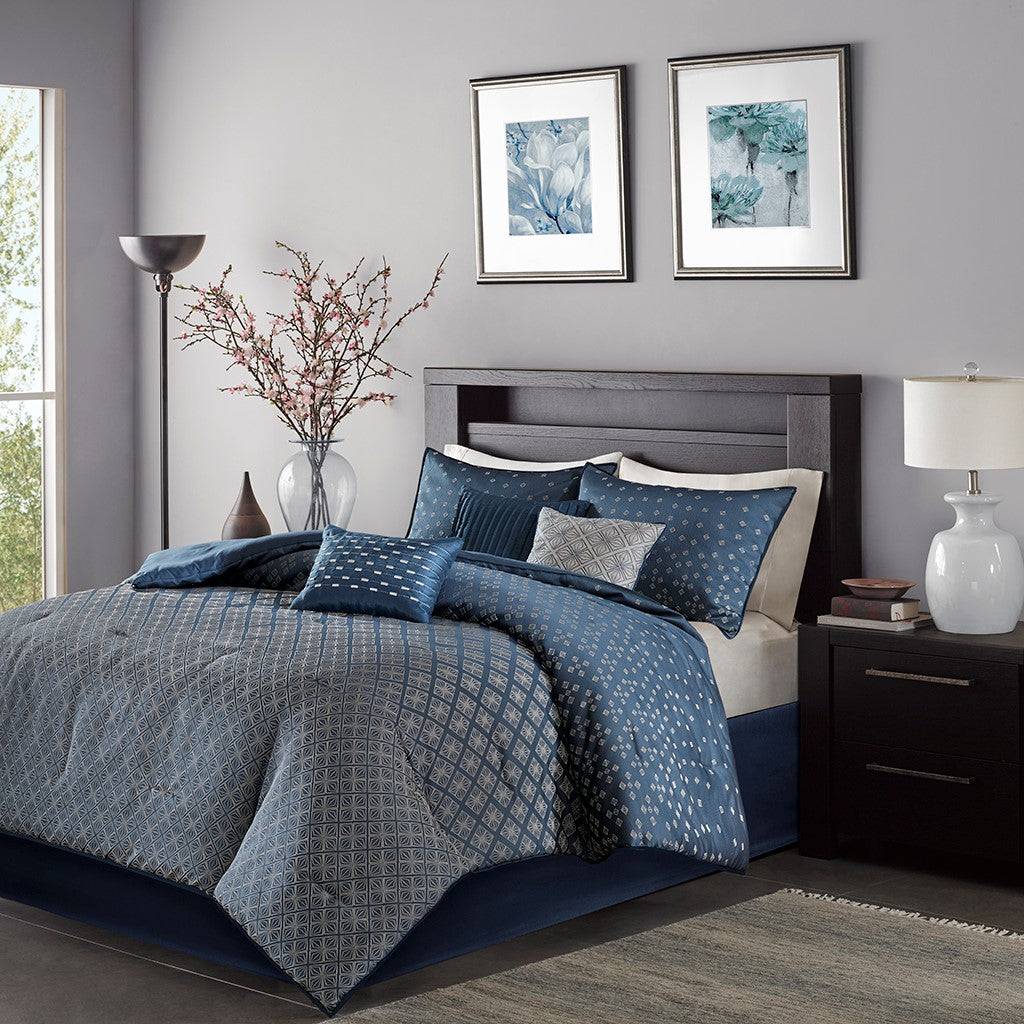 7 Piece Jaquard Comforter Set Navy Queen Queen Navy Polyester