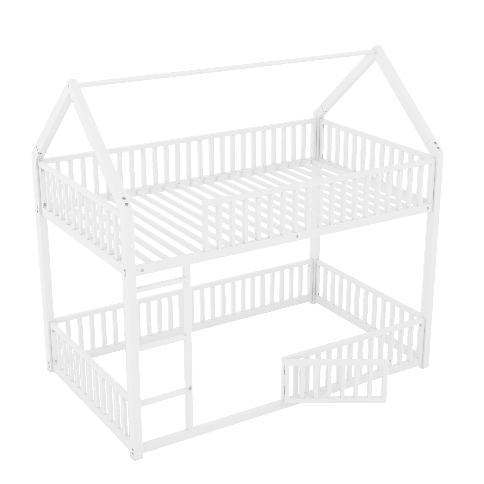 Metal Twin Over Twin House Bunk Bed With Fence And Door, White Box Spring Not Required Twin White Metal Bedroom Metal