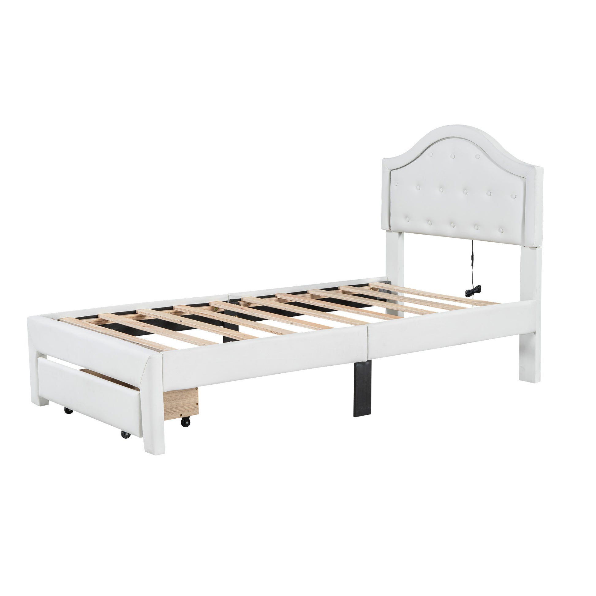 Twin Size Upholstered Platform Bed With Tufted Headboard, Led And A Drawer, White Box Spring Not Required Twin White Wood Faux Leather Upholstered