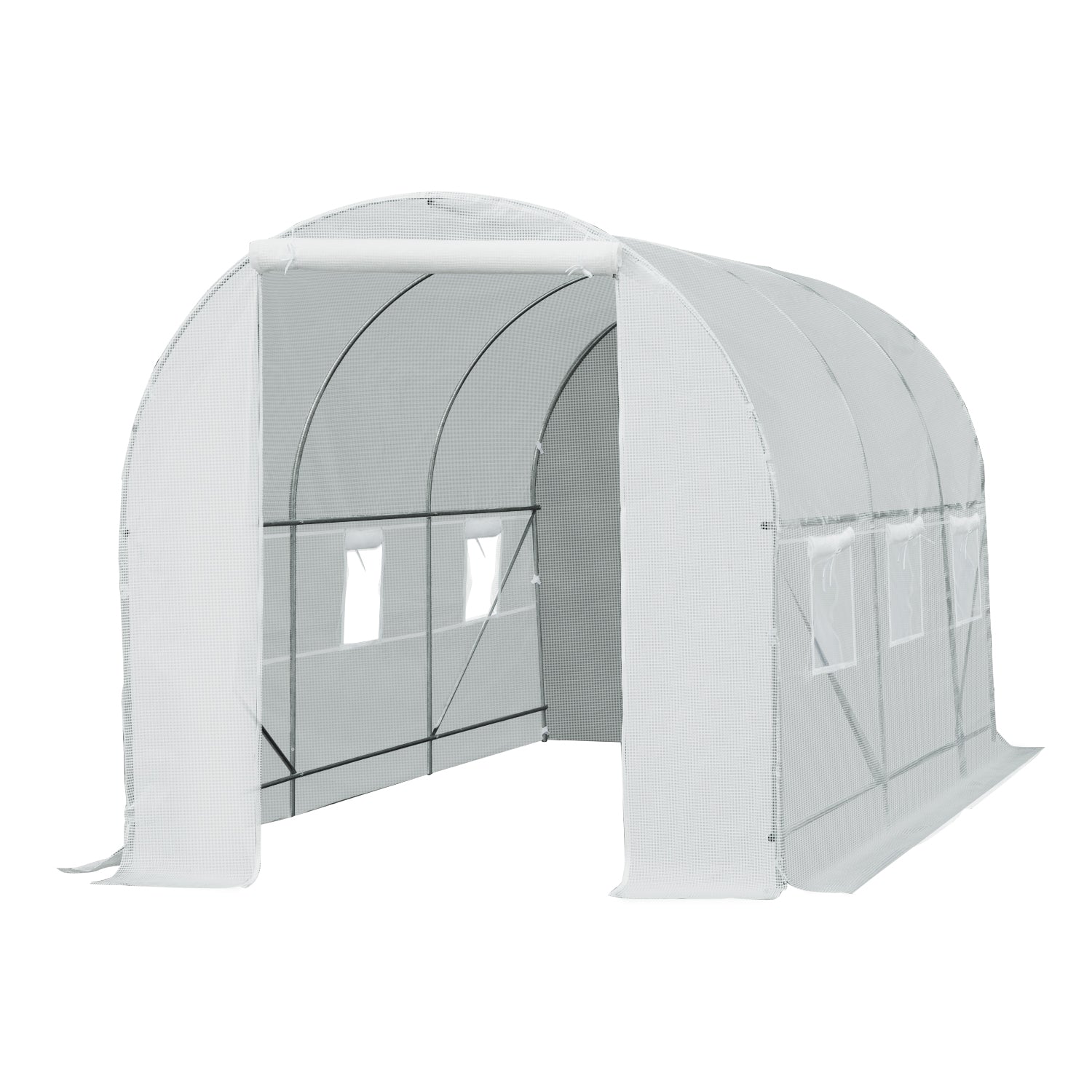 Outsunny 15' X 7' X 7' Walk In Tunnel Greenhouse, Large Garden Hot House Kit With 6 Roll Up Windows & Roll Up Door, Steel Frame, White White Steel