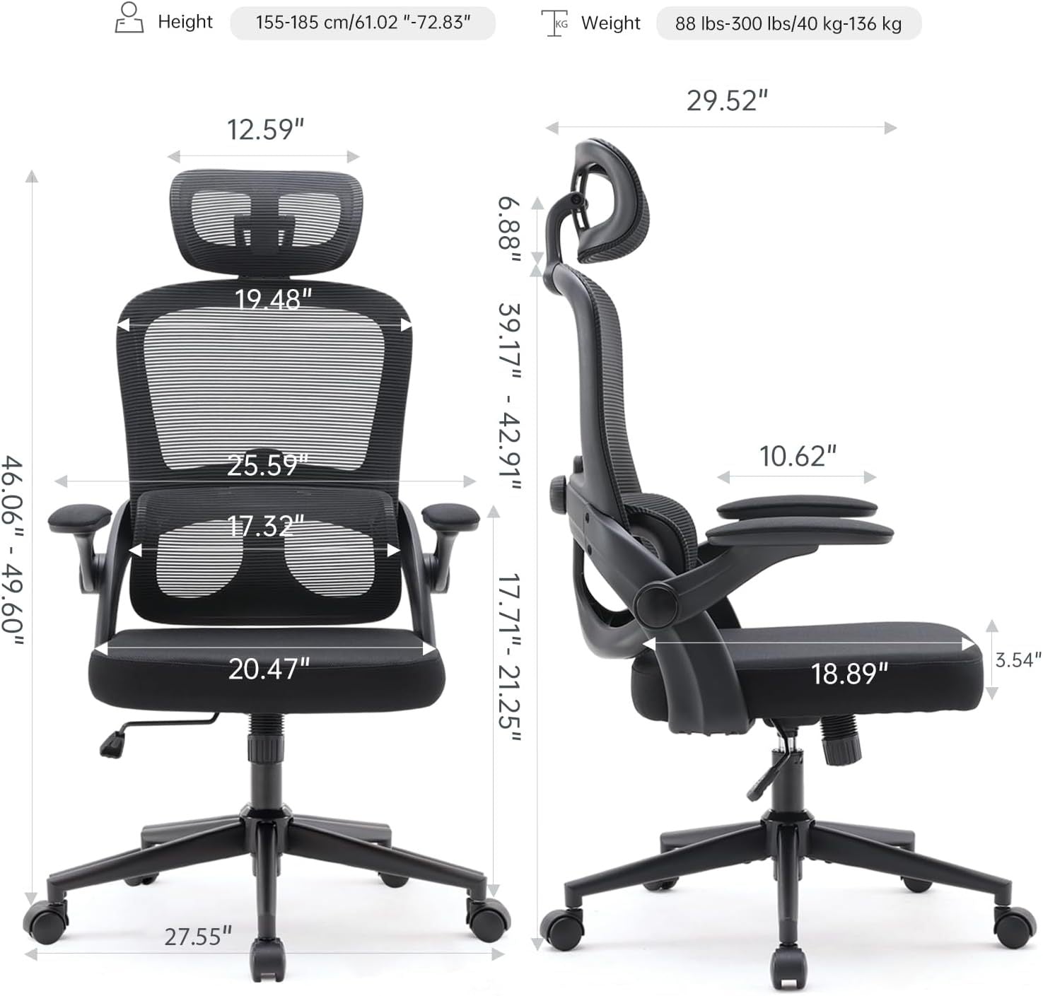 Ergonomic Mesh Office Chair, High Back Desk Chair With 3D Armrests, Up&Down Lumbar Support, Swivel Computer Task Chair With Adjustable 2D Headrest, Tilt Function Black Black Mesh