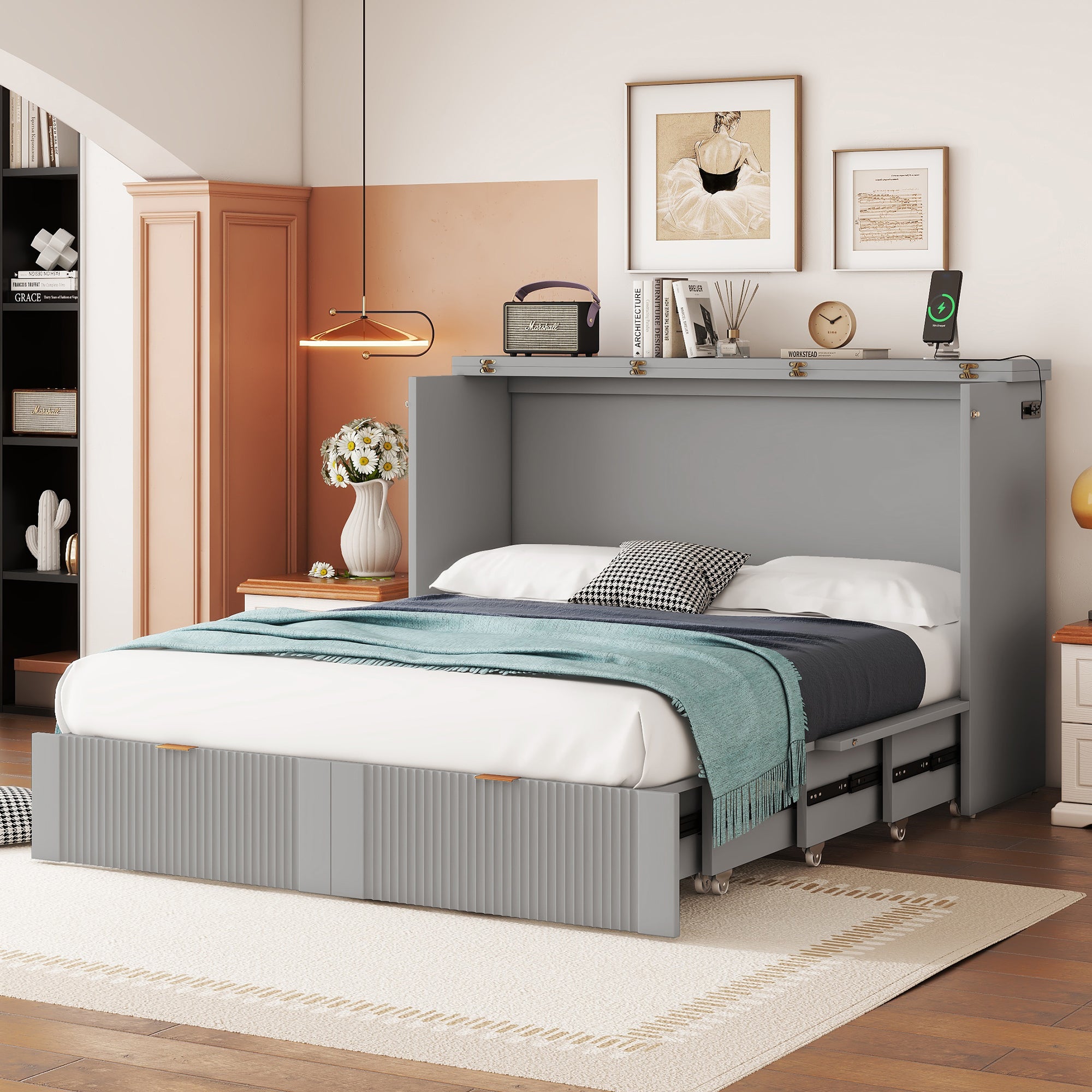 Full Size Murphy Bed Wall Bed With Drawer And A Set Of Sockets & Usb Ports, Pulley Structure Design, Gray Full Gray Plywood