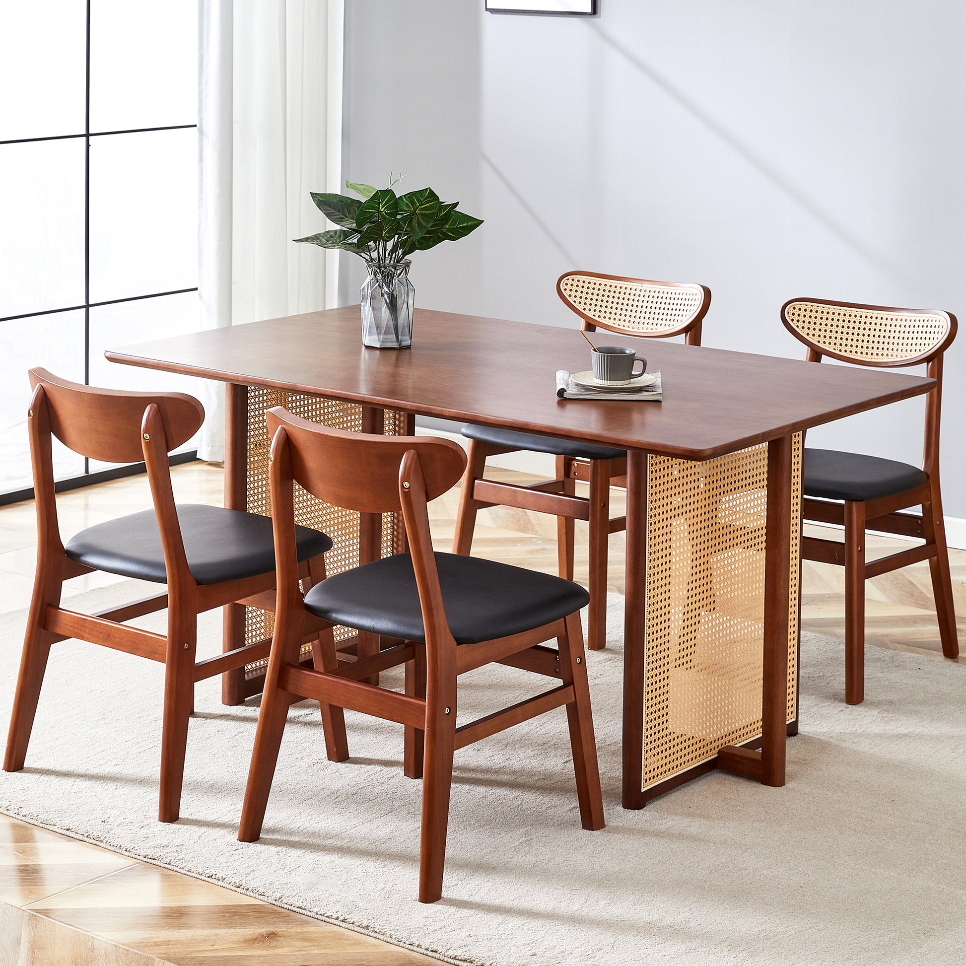 Table And Chair Set, Ancient Style Solid Wood Dining Table, Imitation Rattan Table Legs, Beautiful Simple Solid Wood Dining Chair, Perfect For Dinner, Meetings, Home And Office Decoration Walnut Rubber Wood