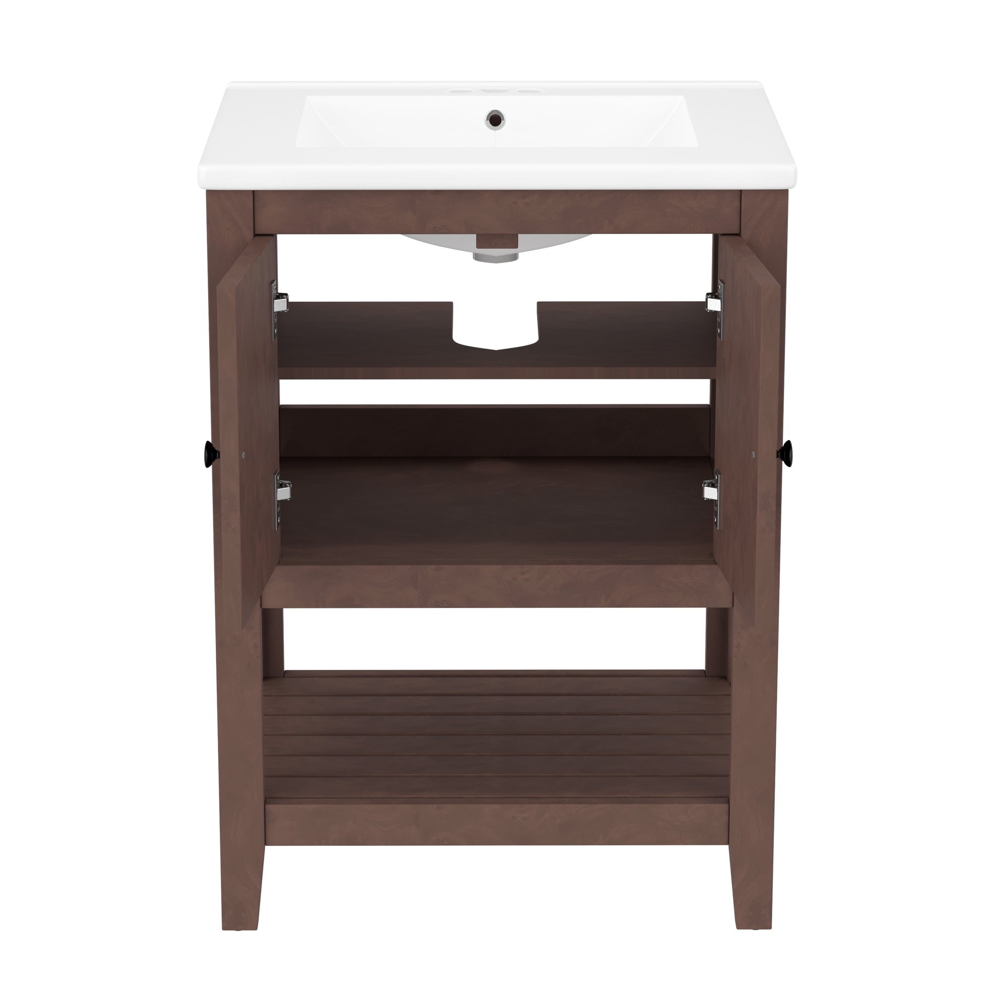 Video 24" Brown Modern Sleek Bathroom Vanity Elegant Ceramic Sink With Solid Wood Frame Open Style Shelf Brown Solid Wood Mdf