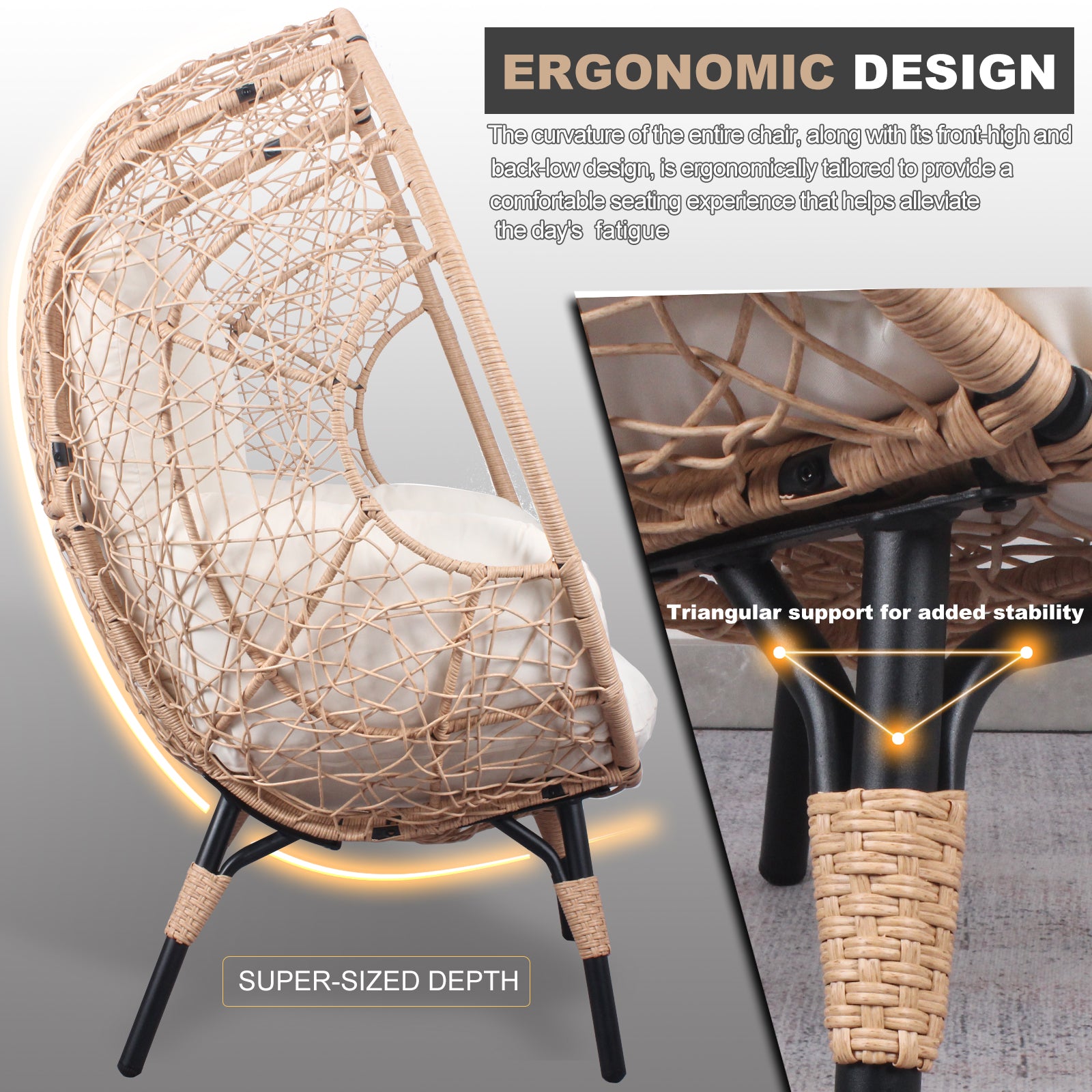 Patio Pe Wicker Egg Chair Model 3 With Natural Color Rattan Beige Cushion Yes Natural Foam Steel