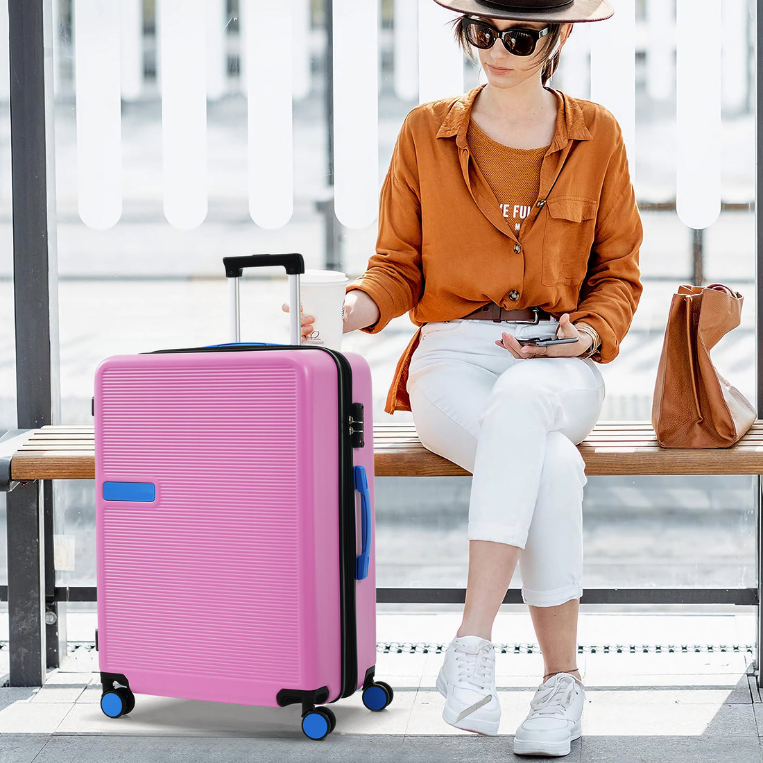 Hardshell Luggage Sets 3 Pcs Contrast Color Suitcase With Spinner Wheels And Tsa Lock 20" 24" 28" Available Pink Abs