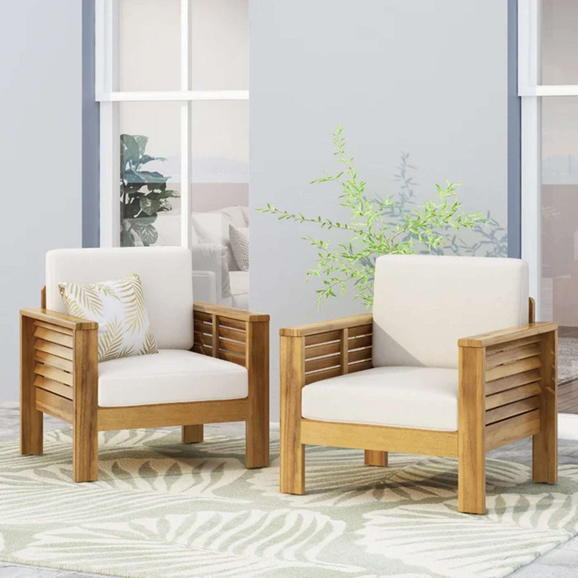 Set Of 2 Outdoor Acacia Wood Club Chairs With Cushions, Teak Beige, 27.75"D X 32"W X 27.75"H Yes Brown Beige Foam Acacia Wood