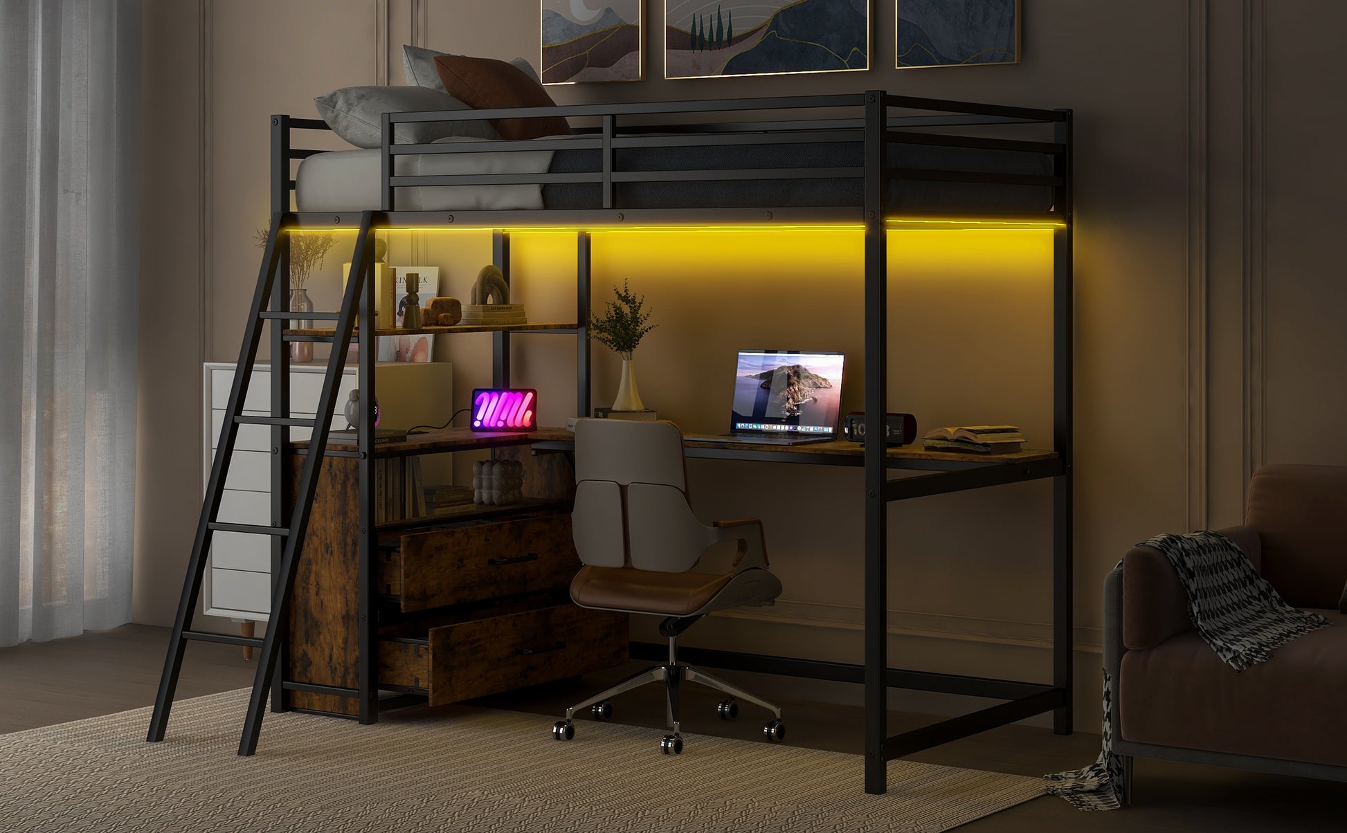 Twin Size Metal&Wood Loft Bed With Desk And Shelves, Two Built In Drawers, Led Light And Usb Charging Station, Black Twin Black Metal & Wood