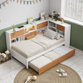 L Shaped Bed Frame With Trundle And And Bookcase,Corner Bed Wooden Captain Bed With Led Downlight And Usb Port For Small Room,Bedroom, Guest Room, Full Size, Walnut And White Box Spring Not Required Full White Walnut Wood Bedroom Modern Pine Bed Frame