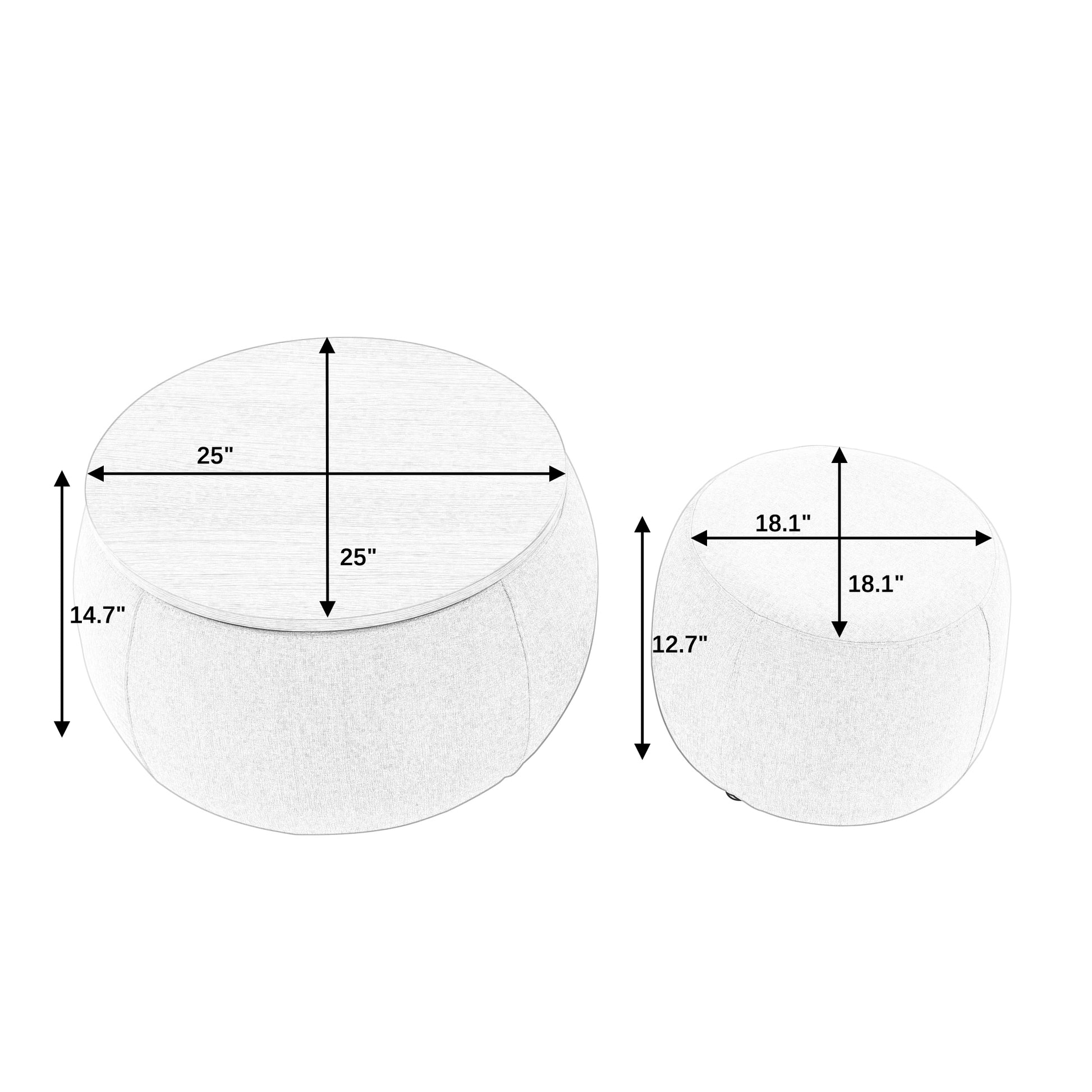 Round Storage Ottoman, 2 In 1 Function, Work As End Table And Ottoman,With Small Seat,Light Grey 25"X25"X14.7" Light Grey Foam