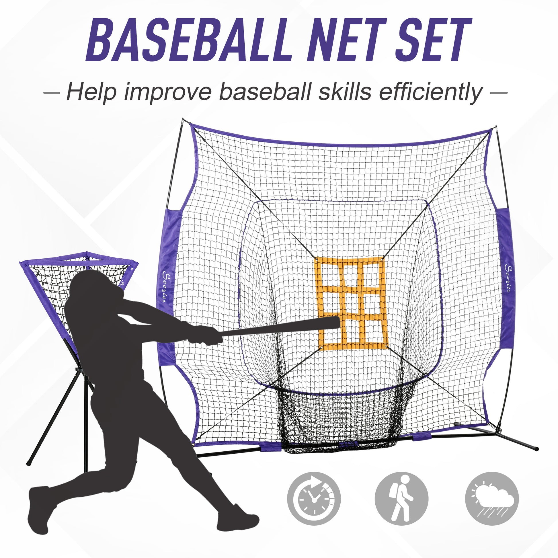 Soozier Baseball Practice Net Set With 7.5X7Ft Catcher Net, Ball Caddy And Batting Tee, Portable Baseball Practice Equipment With Carry Bag For Hitting, Pitching, Batting, Catching, Purple Purple Steel