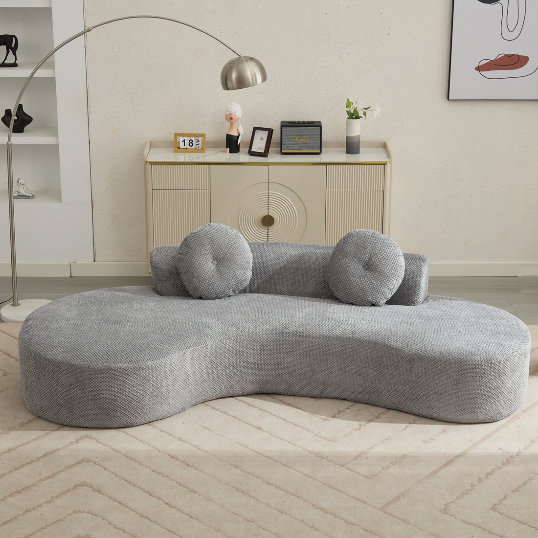 Arrived 105.5''Curved Sofa, Modern Minimalist Sofa, Cloud Couch Sofa 3 4 Seater Couch With 2 Pillows,Bedroom, No Assembly Required, Point Shaped Corduroy, Anti Wrinkle Gray Gray Polyester Primary Living Space Tight Back Soft Modern Foam Upholstered 3