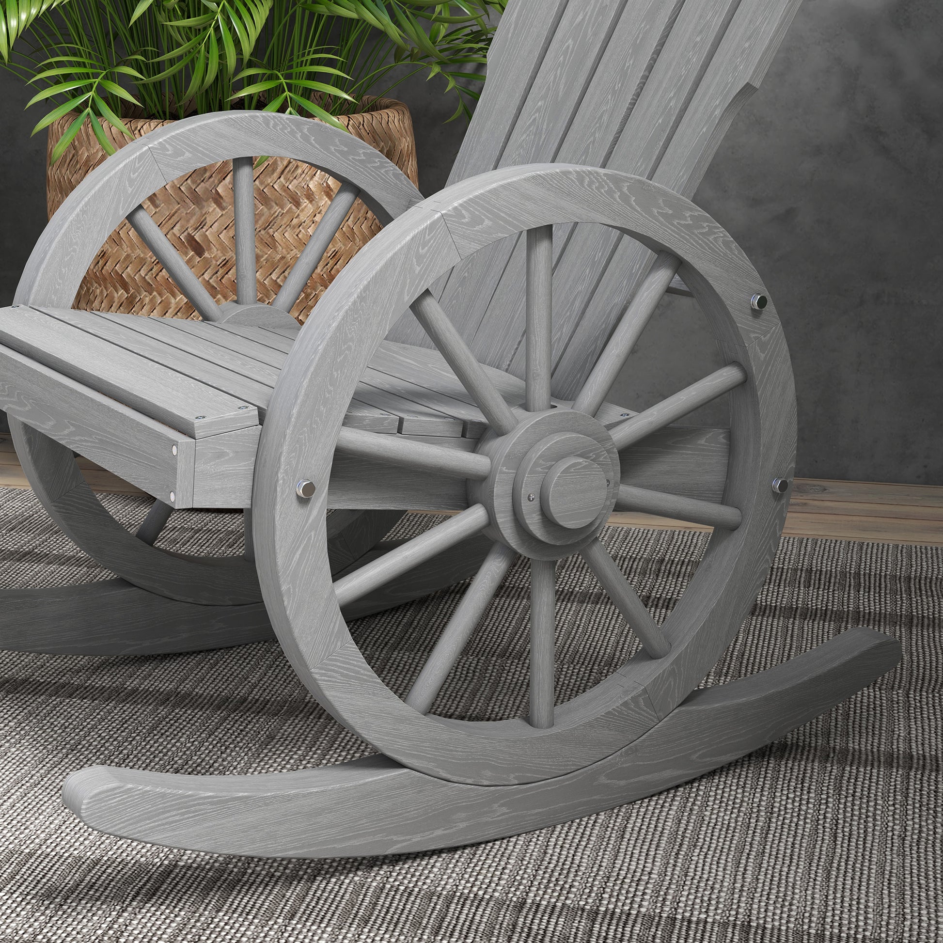 Outsunny Wooden Rocking Chair, Adirondack Rocker Chair W Slatted Design And Oversized Back, Outdoor Rocking Chair With Wagon Wheel Armrest For Porch, Poolside, And Garden, Gray Gray Wood