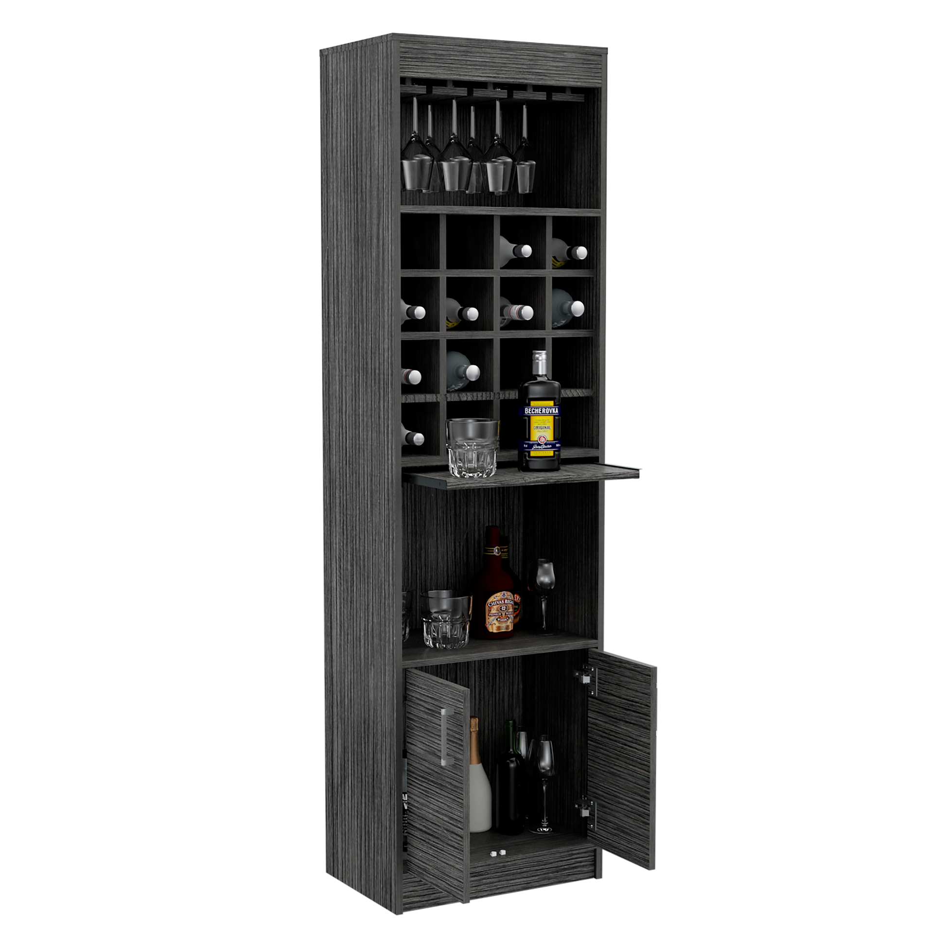 Kava Bar Cabinet, Concealable Serving Tray, Sixteen Built In Wine Rack, One Shelf, Double Door Smokey Oak Gray Dining Room Modern Particle Board Particle Board