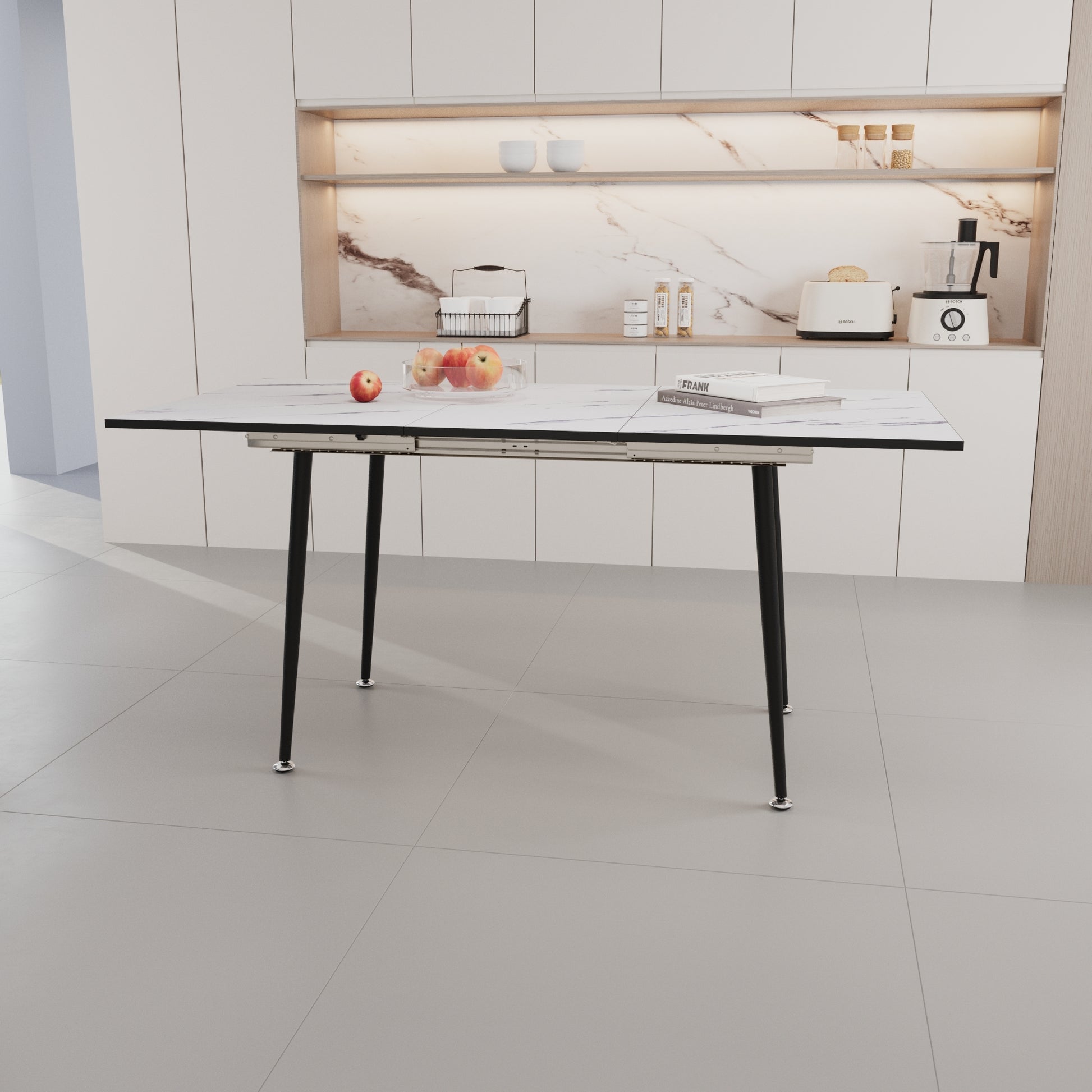 63" Mdf Square White Marble Pattern Stretchable Dining Table, Modern Industrial Kitchen And Dining Table, Equipped With Tapered Black Metal Legs White Mdf