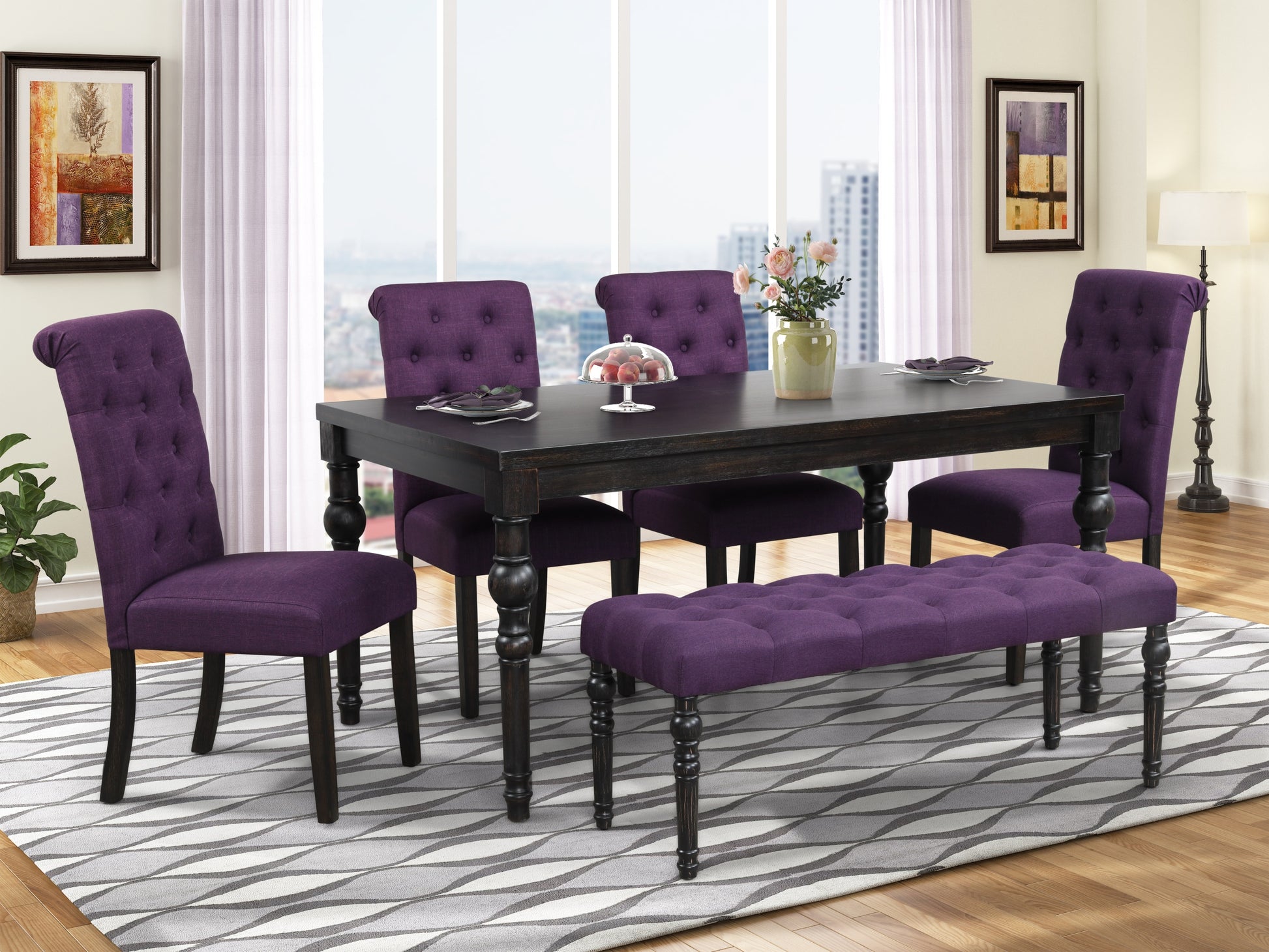 Leviton Urban Style Dark Wash Wood Dining Set: Table, 4 Chairs And Bench Wood Black Wood Dining Room Fixed Table Rubberwood Rectangular 4 Leg Rectangular Dining Table With Chair And Bench Mdf