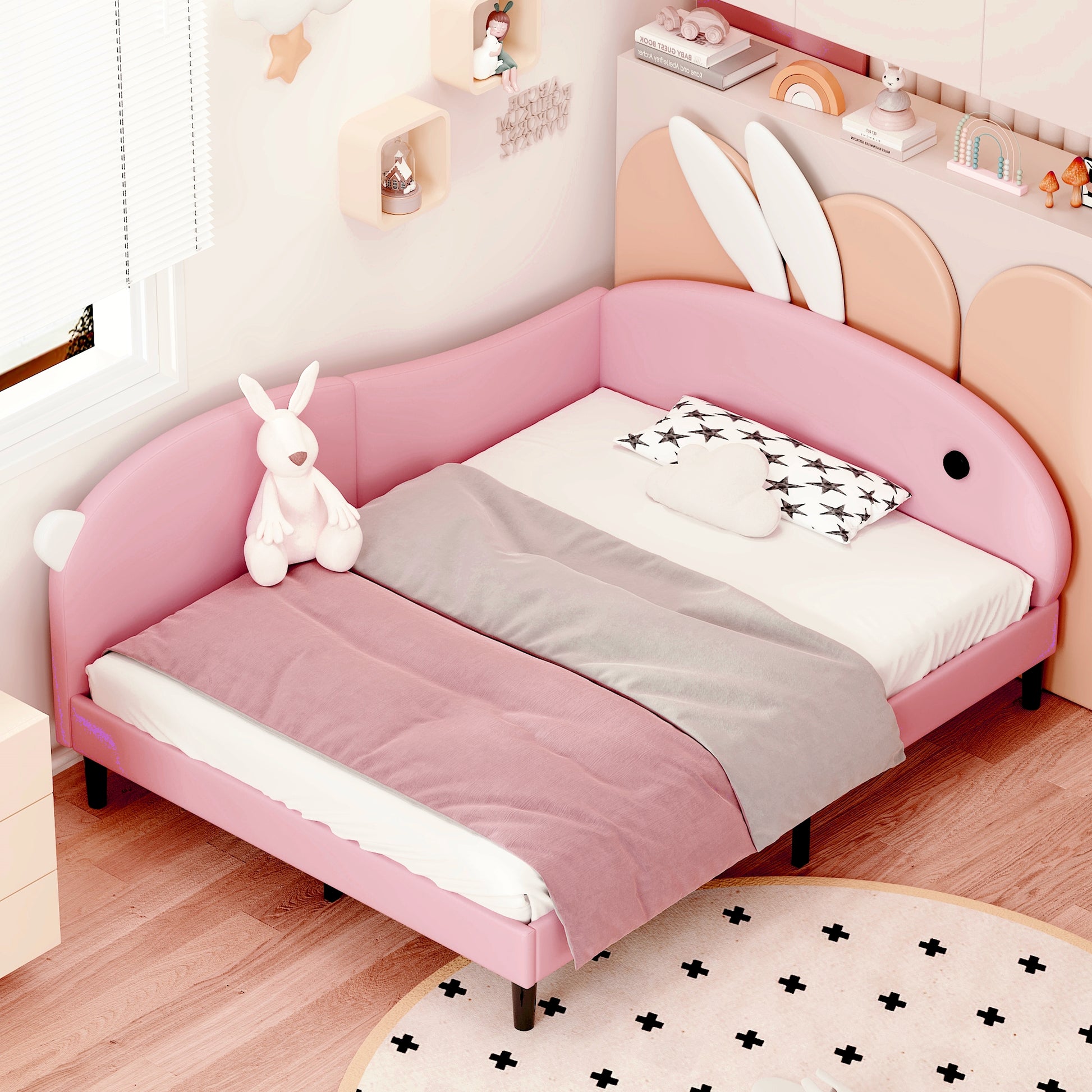 Full Size Upholstered Rabbit Shape Daybed, Sofabed With Rabbit Ear Headboard, Pink Full Pink Pu