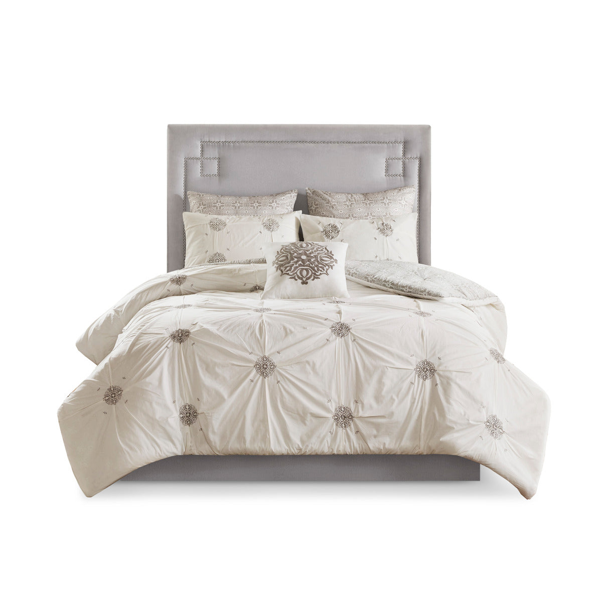 6 Piece Embroidered Cotton Reversible Comforter Set Ivory King Cal King King Ivory Polyester